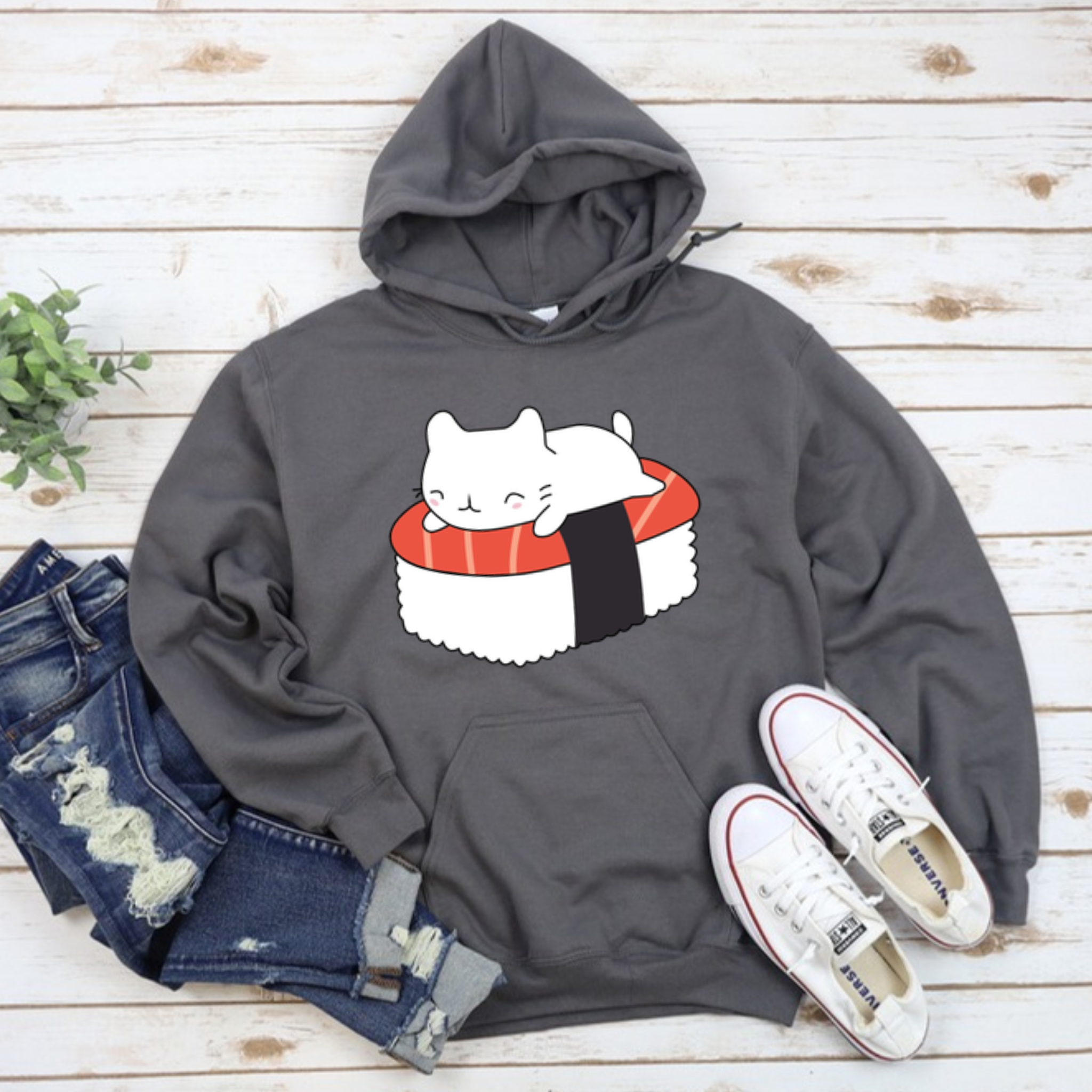 White Kitten on Sushi Bed Hoodie
