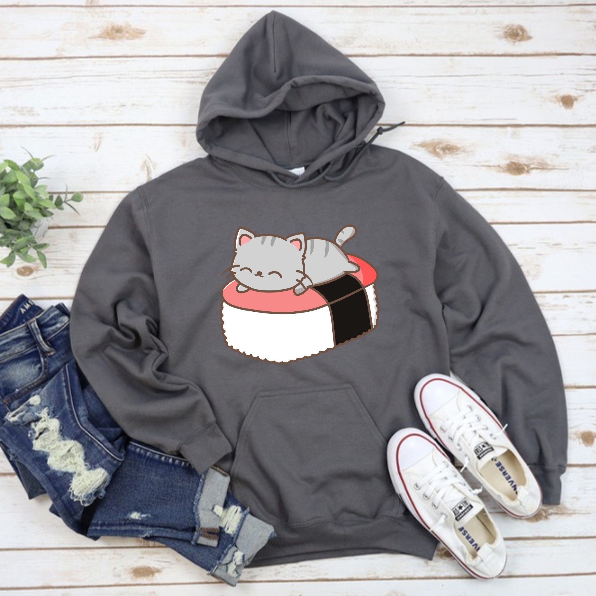Grey Kitten on Sushi Bed Hoodie
