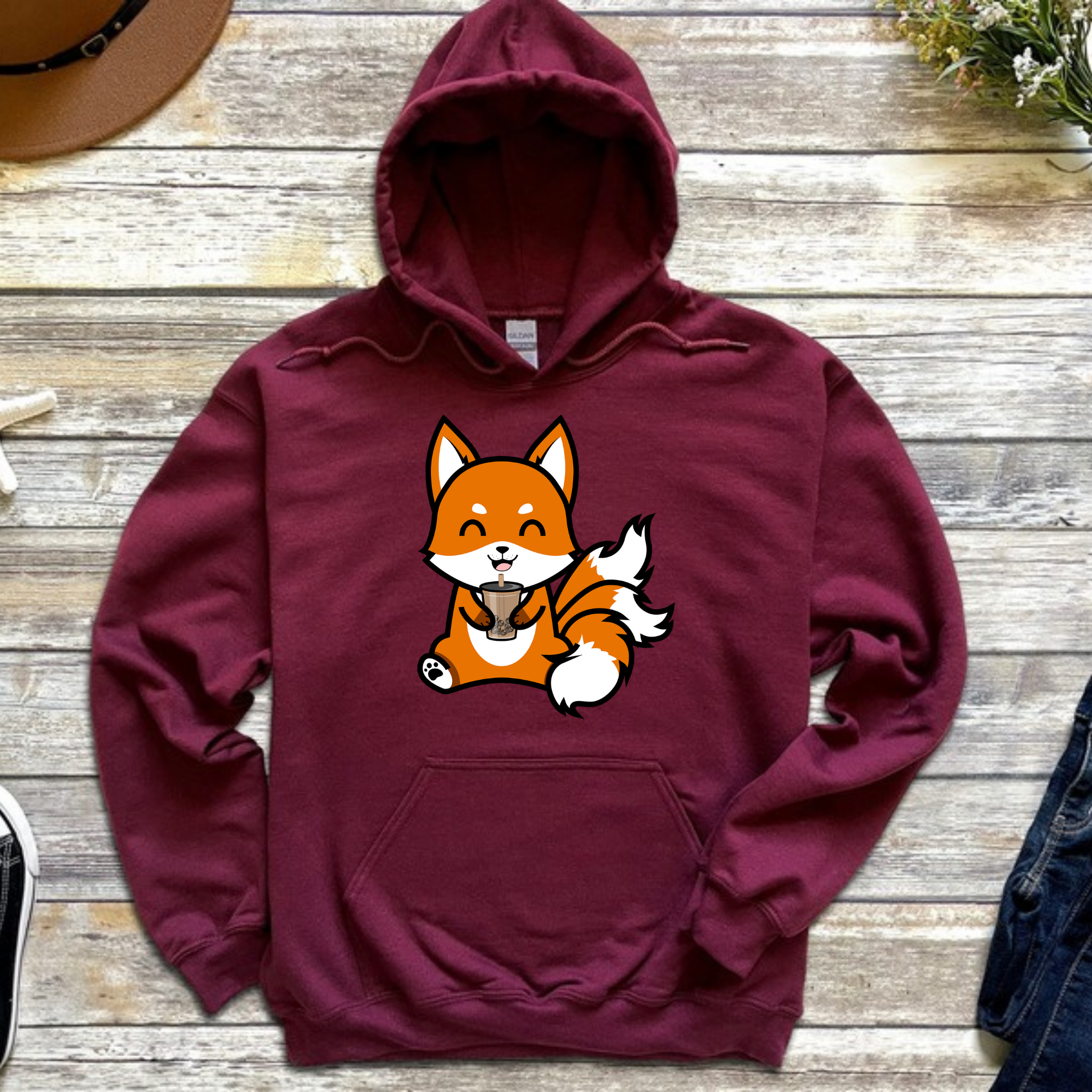 3-Tailed Fox Drinking Boba Tea Hoodie