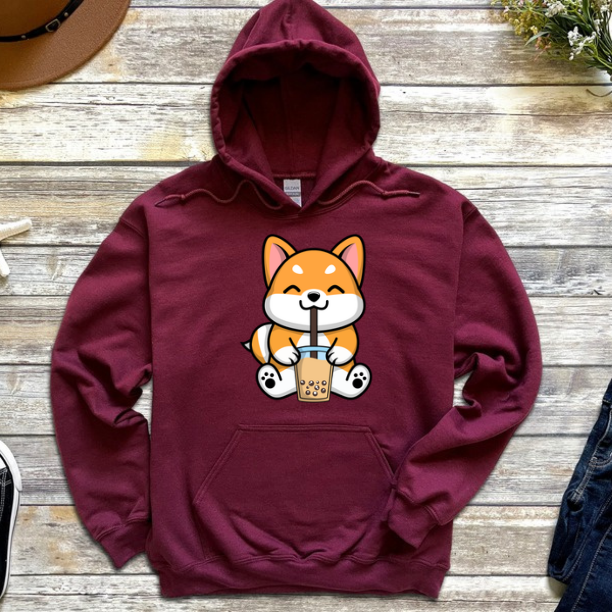 Puppy Drinking Boba Tea Hoodie