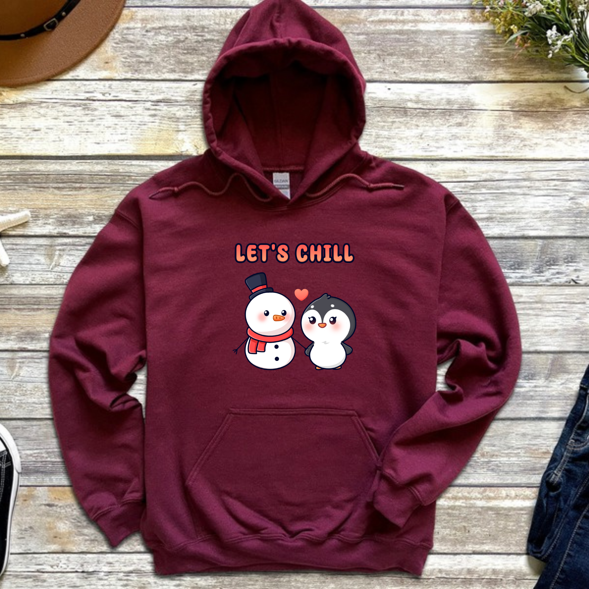 Let's Chill Snowman and Penguin Couple Hoodie