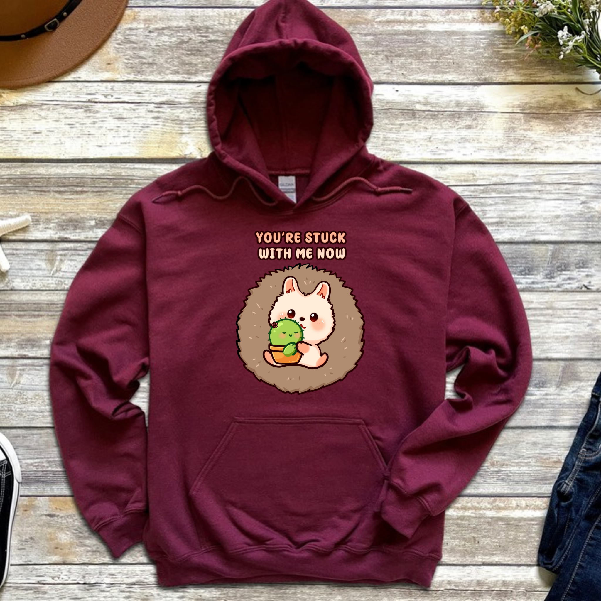 You're Stuck with Me Now Porcupine and Succulent Cactus Couple Hoodie
