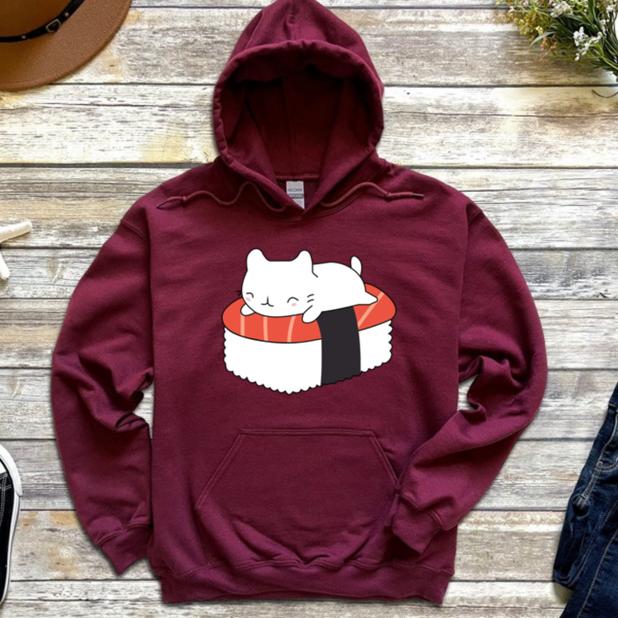 White Kitten on Sushi Bed Hoodie