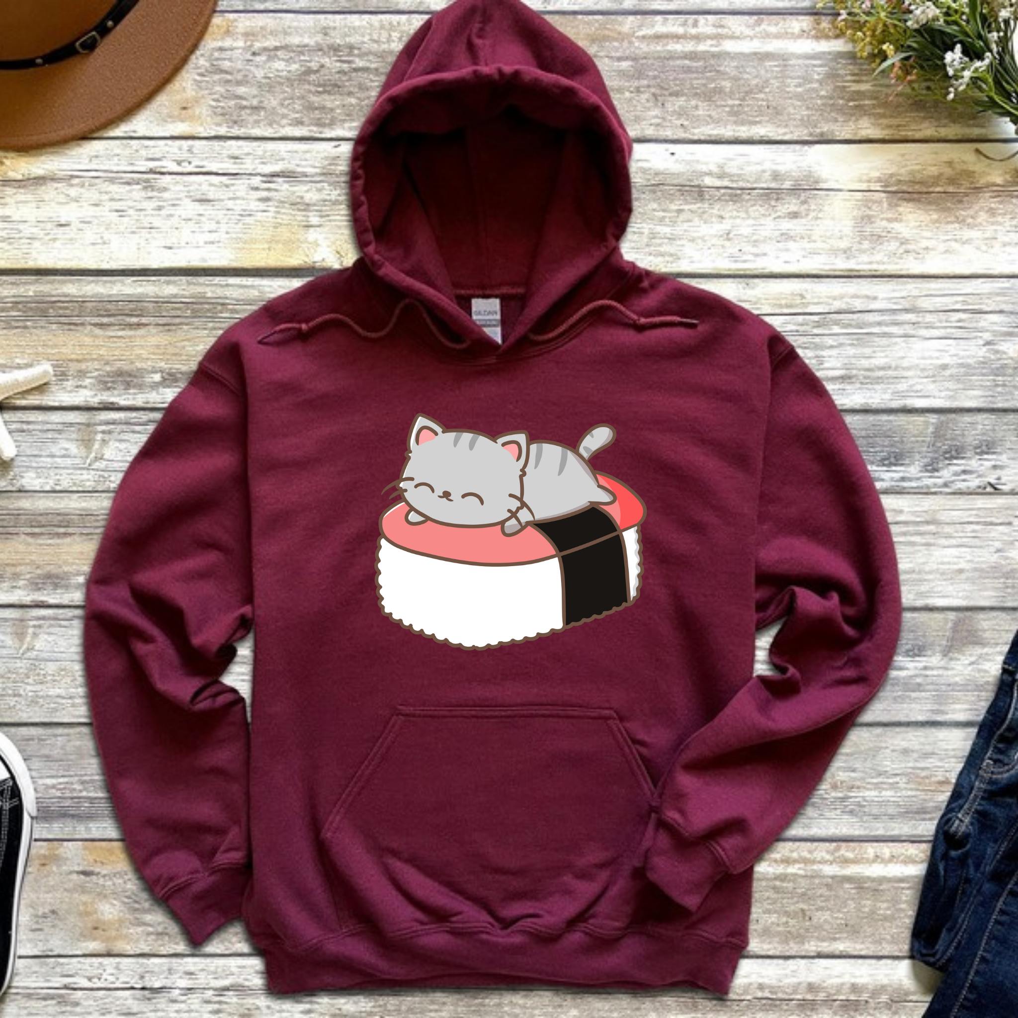 Grey Kitten on Sushi Bed Hoodie