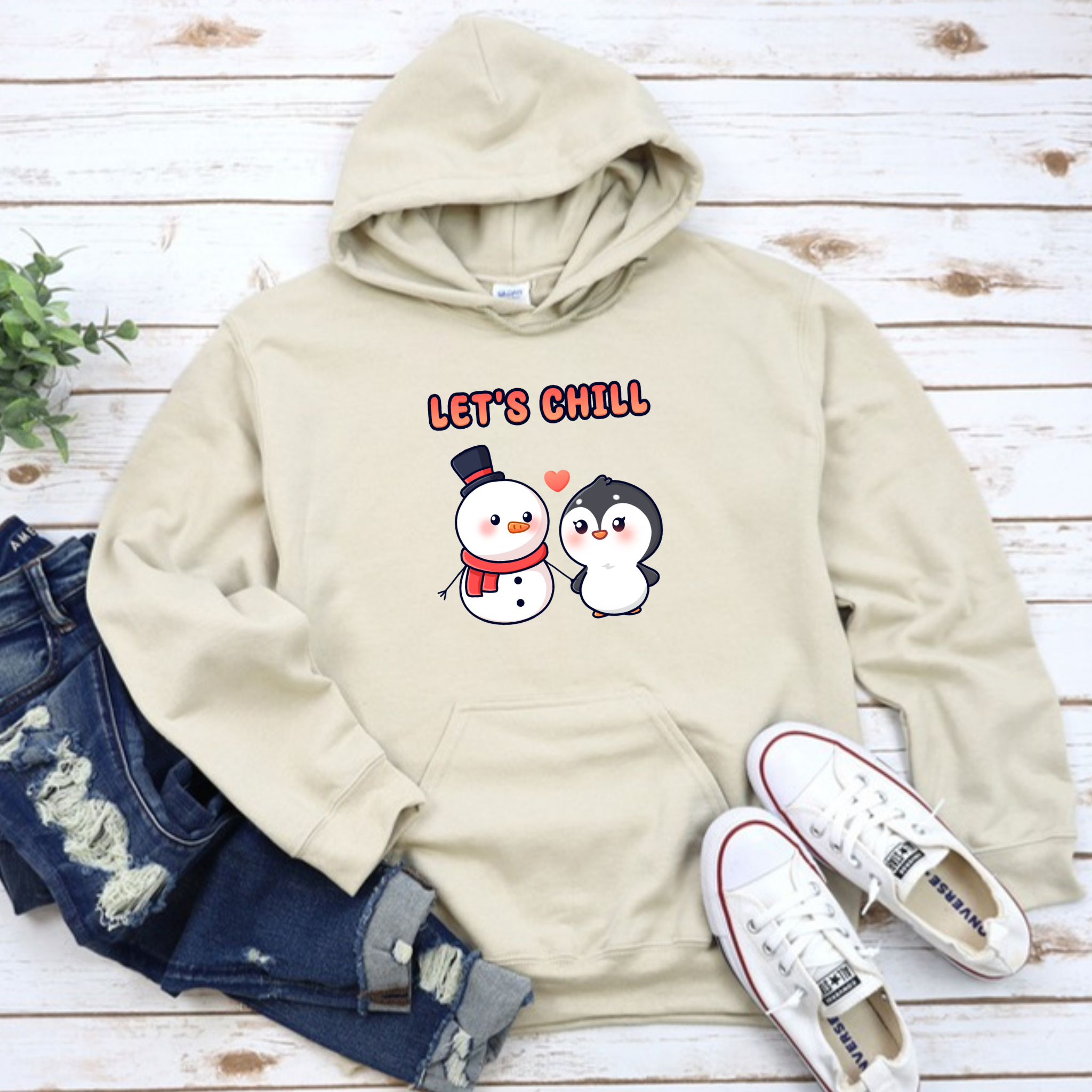 Let's Chill Snowman and Penguin Couple Hoodie