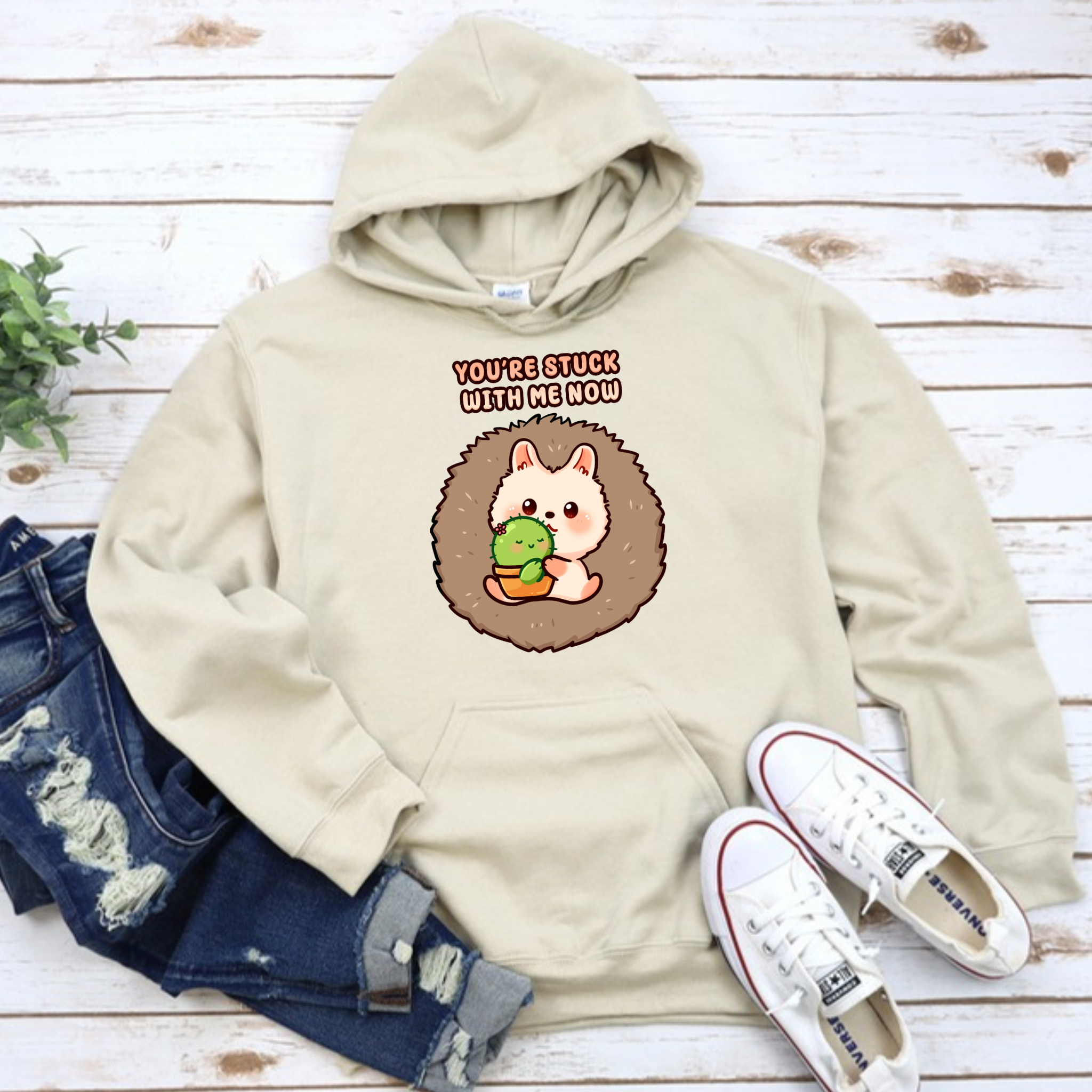 You're Stuck with Me Now Porcupine and Succulent Cactus Couple Hoodie