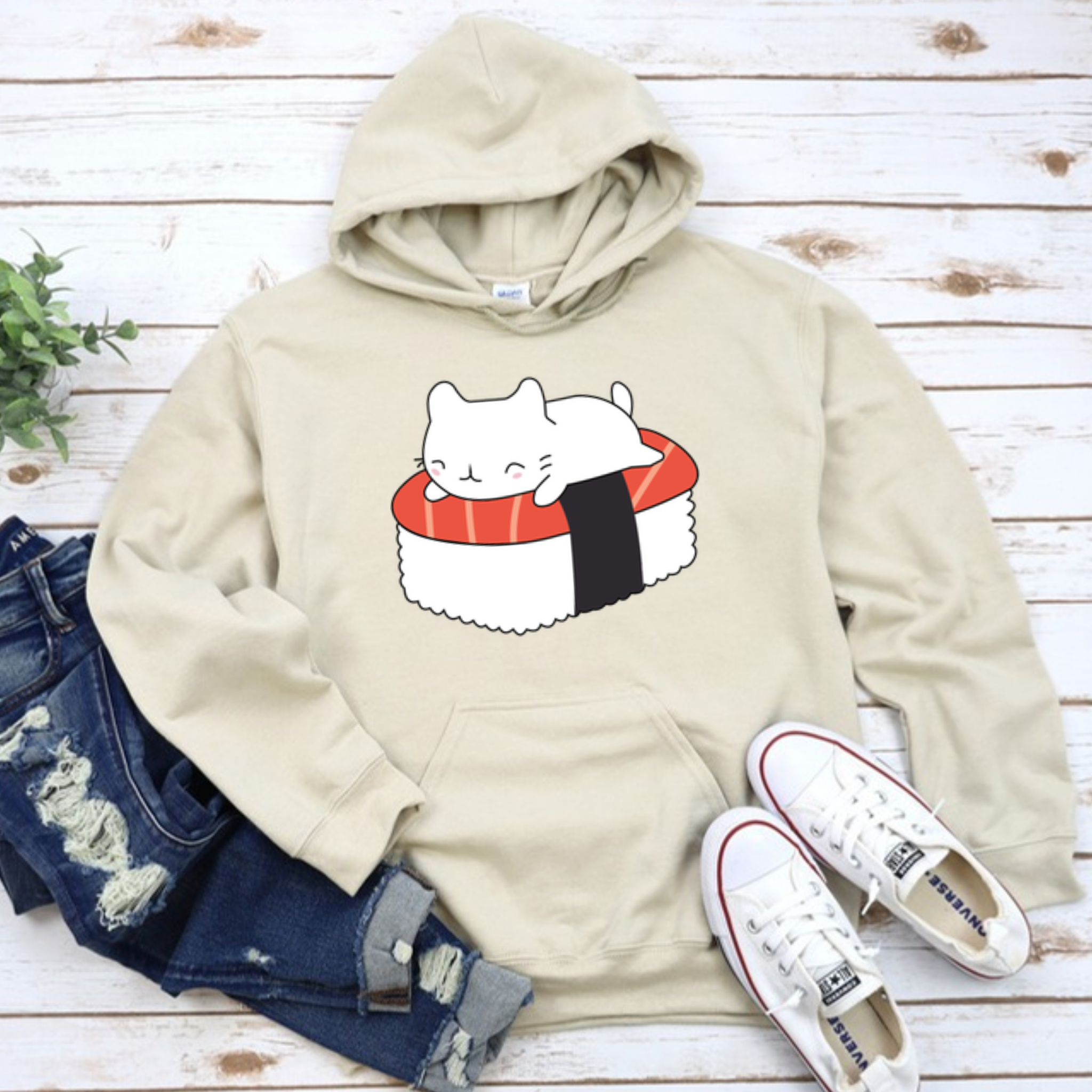White Kitten on Sushi Bed Hoodie