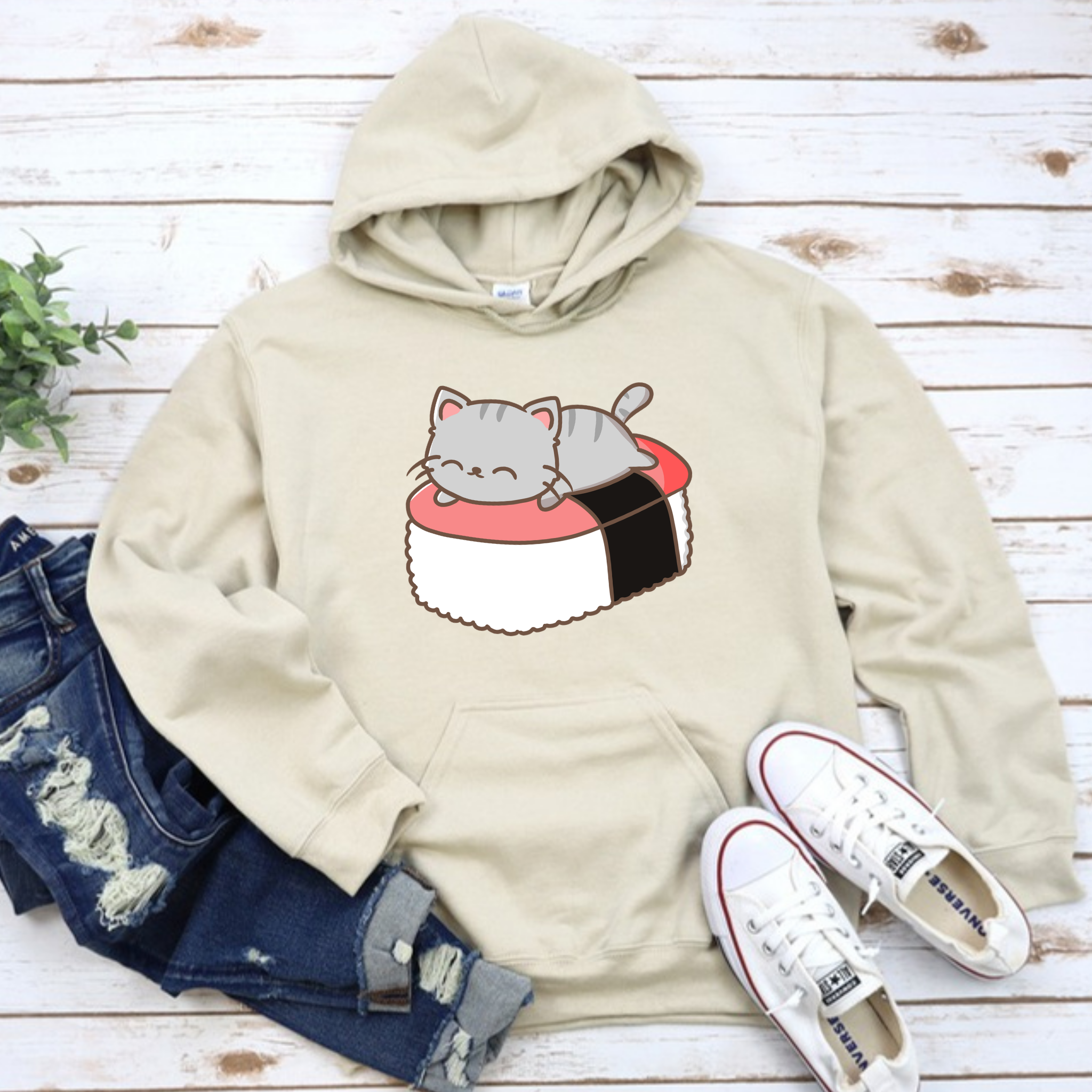 Grey Kitten on Sushi Bed Hoodie