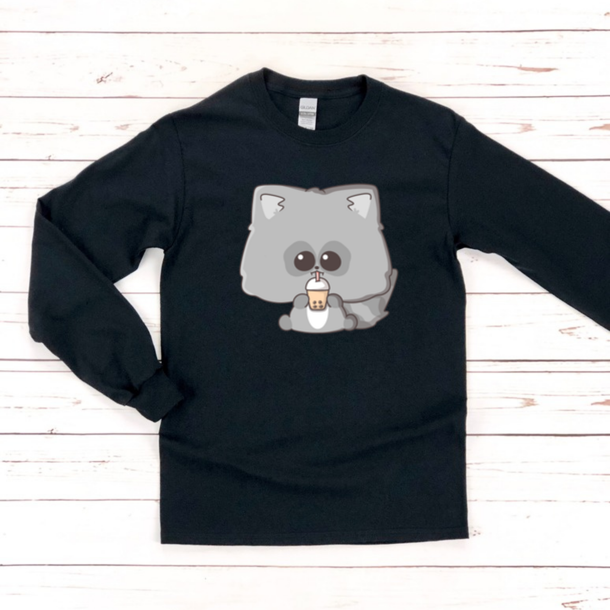 Raccoon Drinking Boba Tea Long Sleeve Shirt