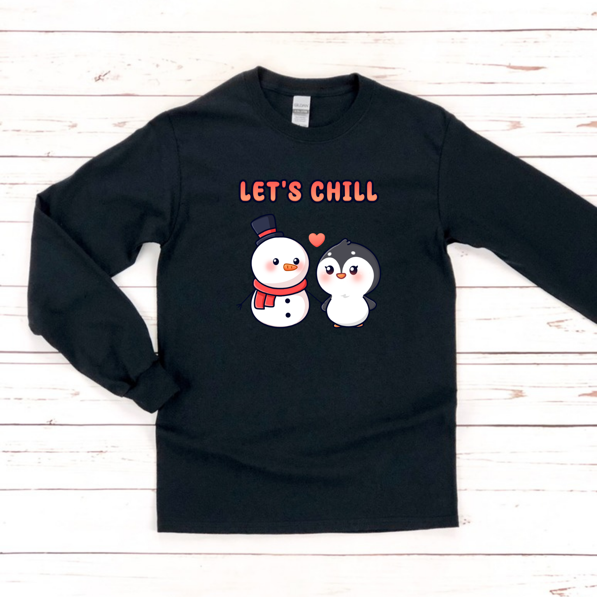 Let's Chill Snowman and Penguin Couple Long Sleeve Shirt