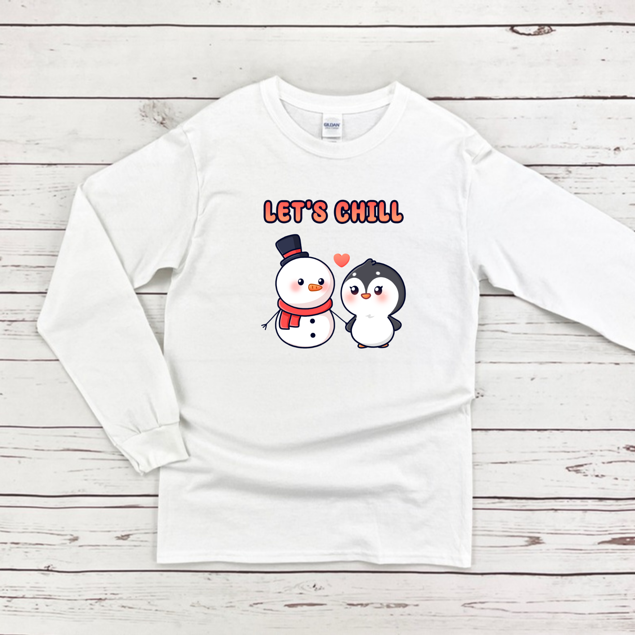 Let's Chill Snowman and Penguin Couple Long Sleeve Shirt