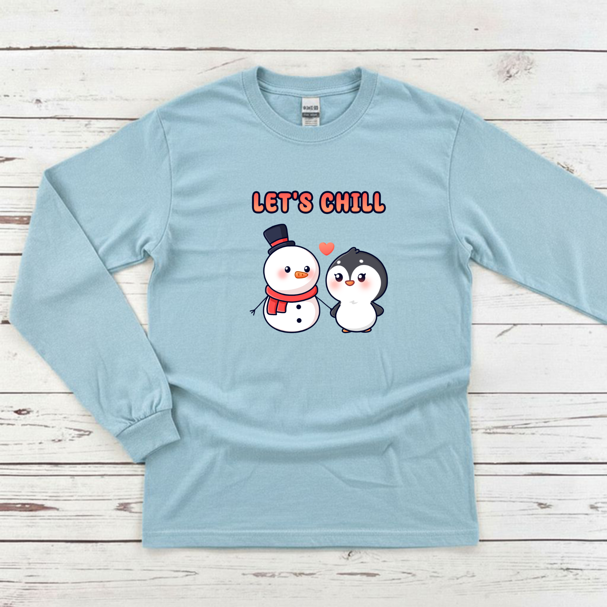 Let's Chill Snowman and Penguin Couple Long Sleeve Shirt