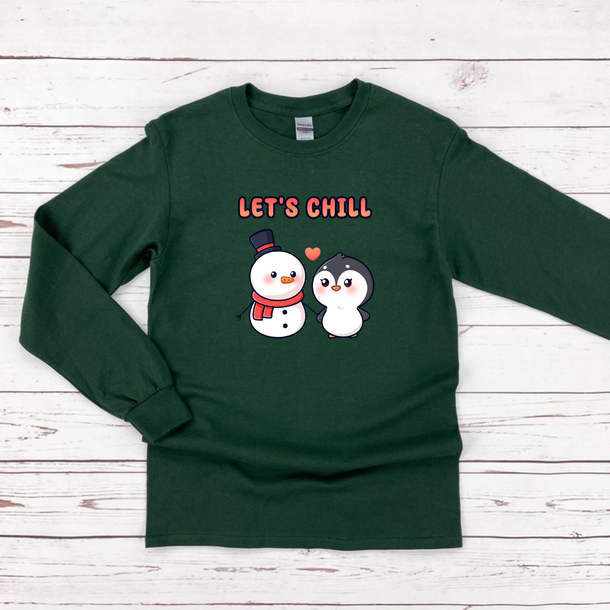 Let's Chill Snowman and Penguin Couple Long Sleeve Shirt