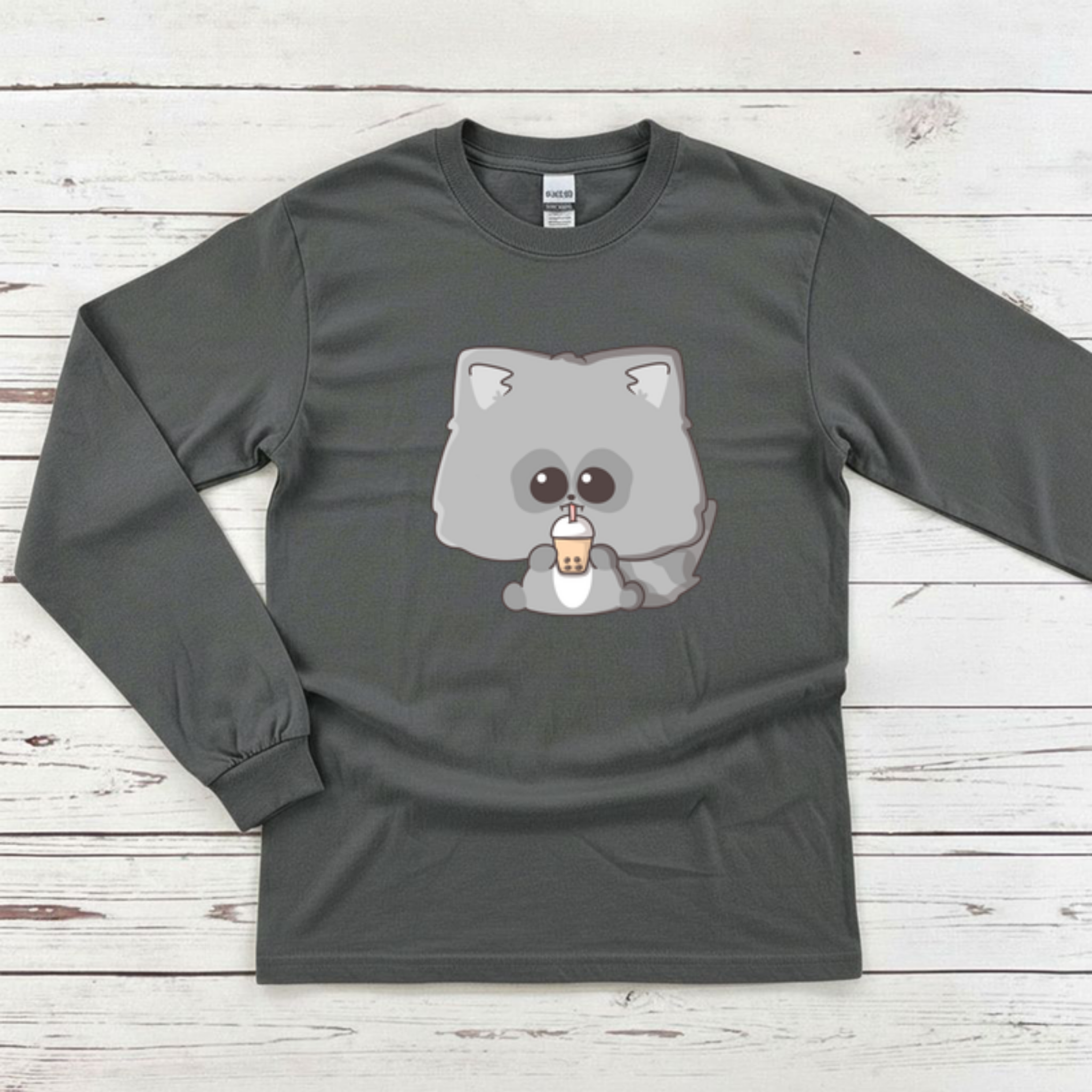 Raccoon Drinking Boba Tea Long Sleeve Shirt