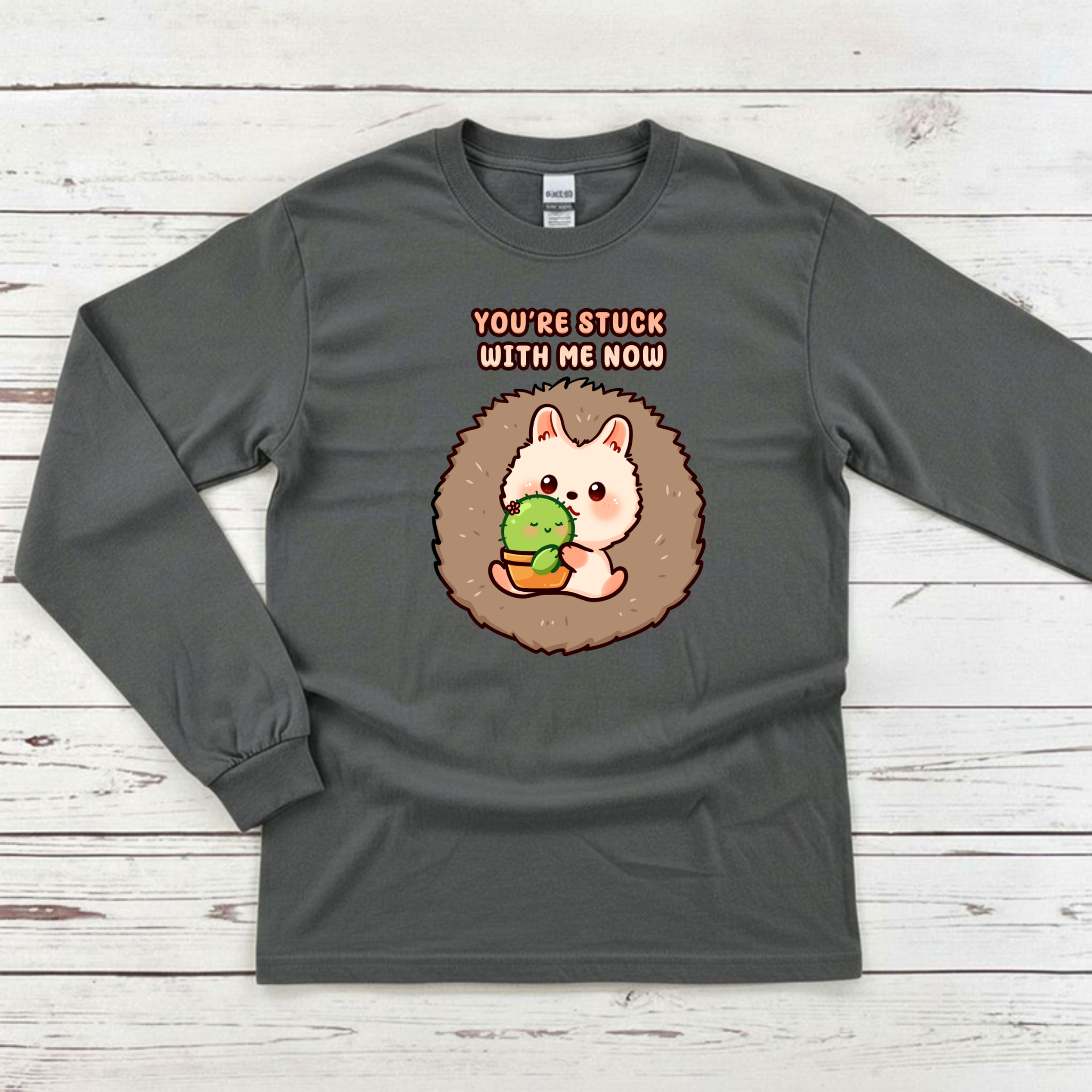 You're Stuck with Me Now Porcupine and Succulent Cactus Couple Long Sleeve Shirt