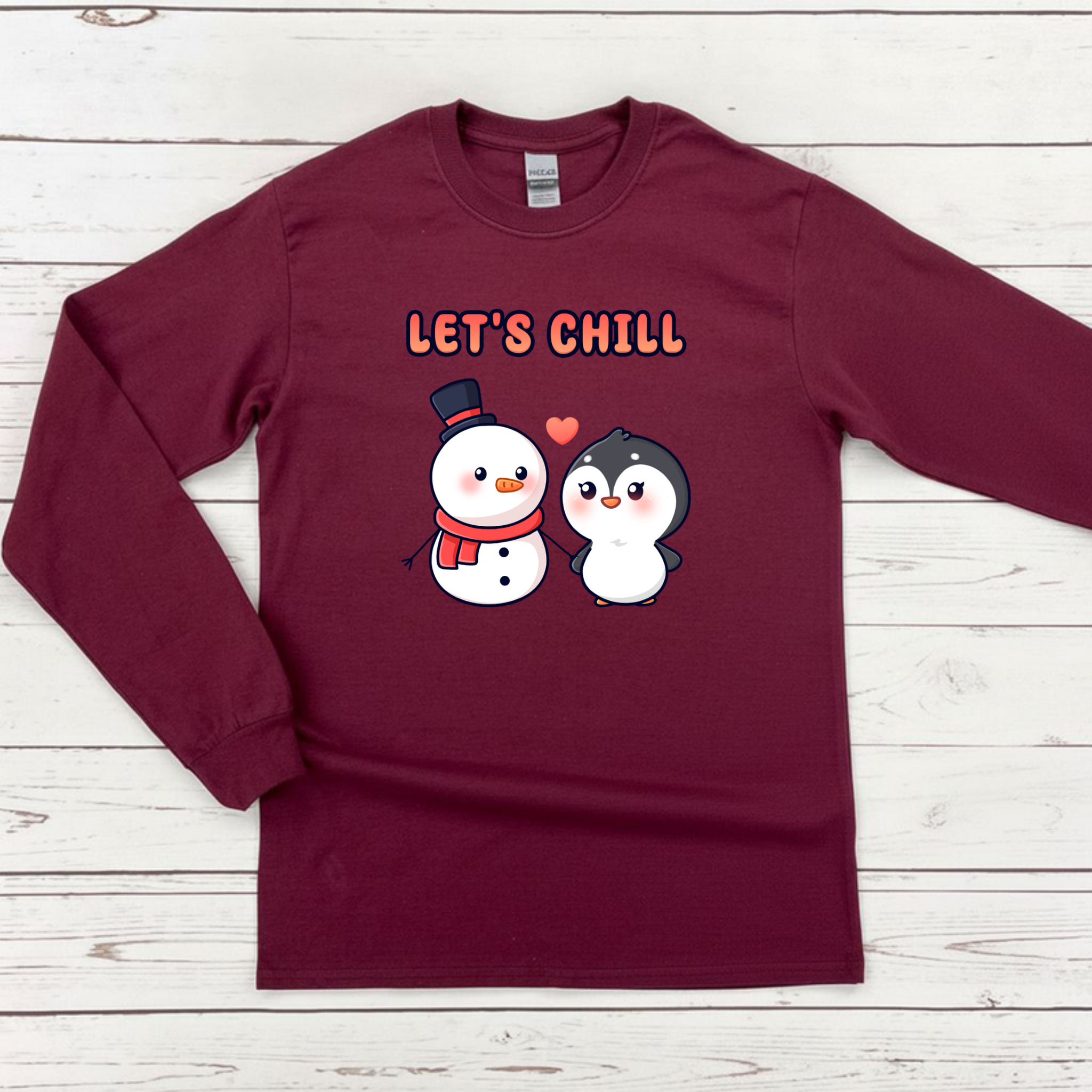 Let's Chill Snowman and Penguin Couple Long Sleeve Shirt