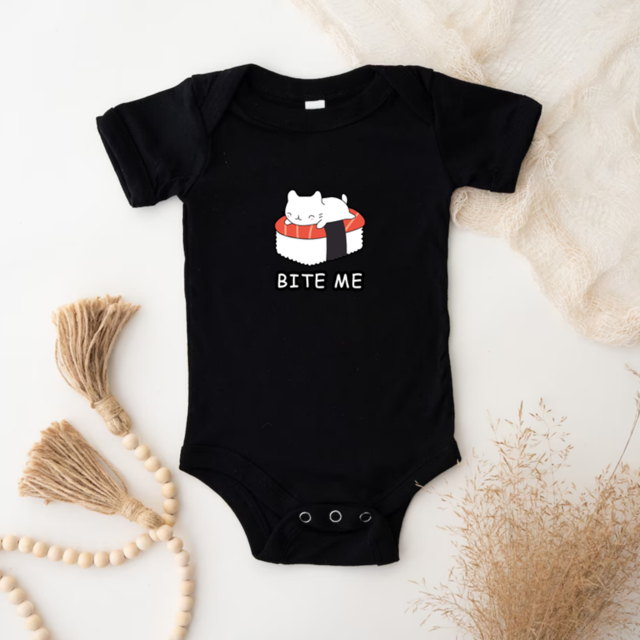 Bite Me White Kitten on Sushi Bed Onesie