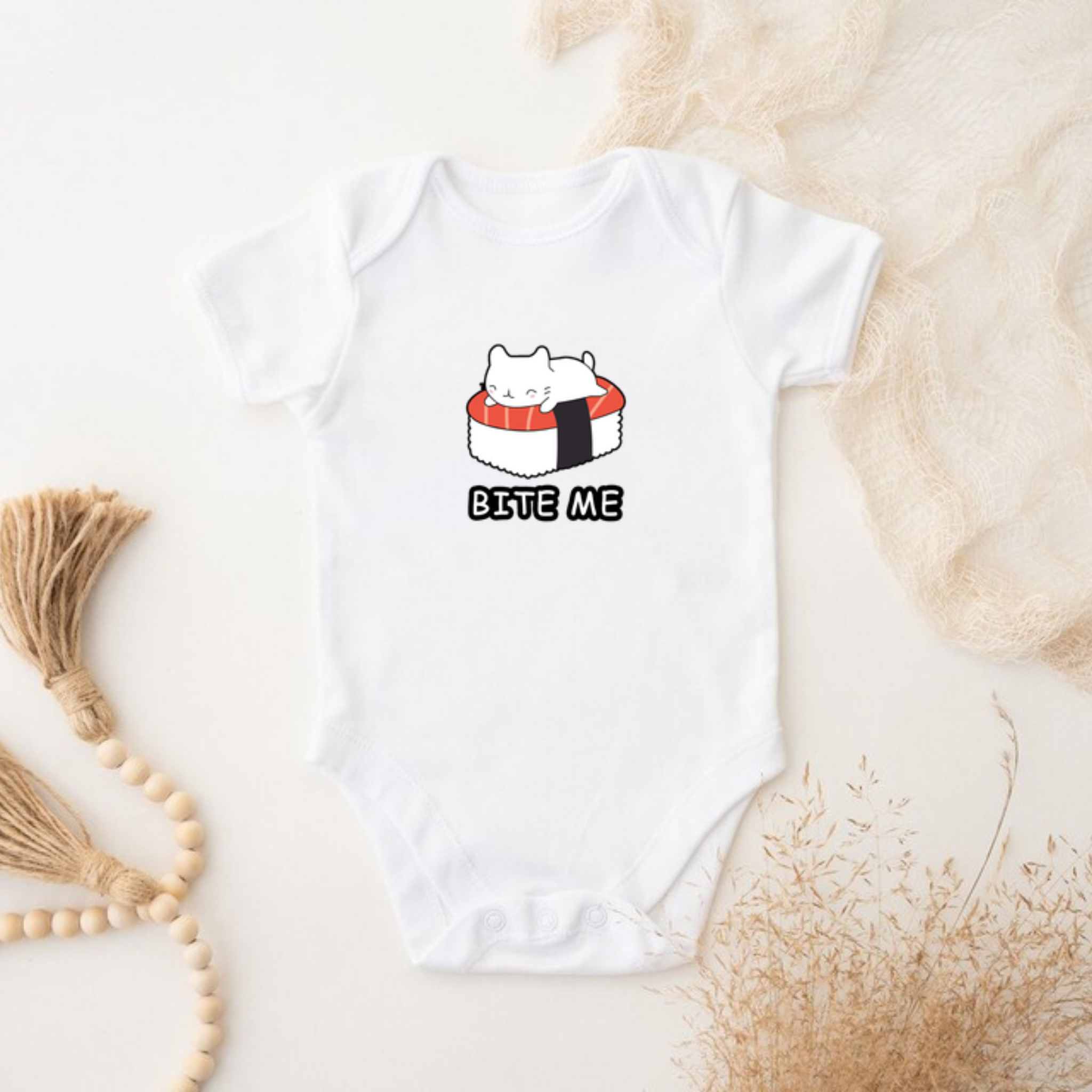 Bite Me White Kitten on Sushi Bed Onesie