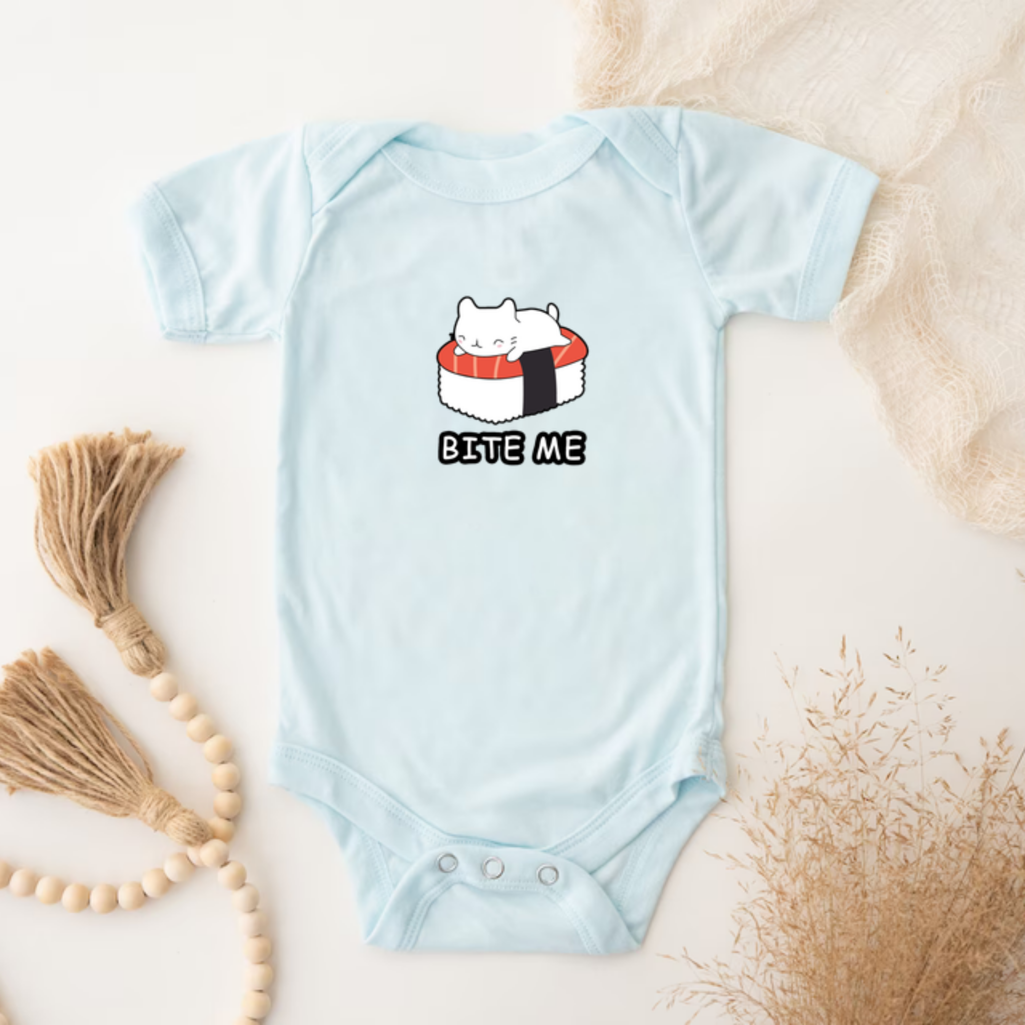 Bite Me White Kitten on Sushi Bed Onesie
