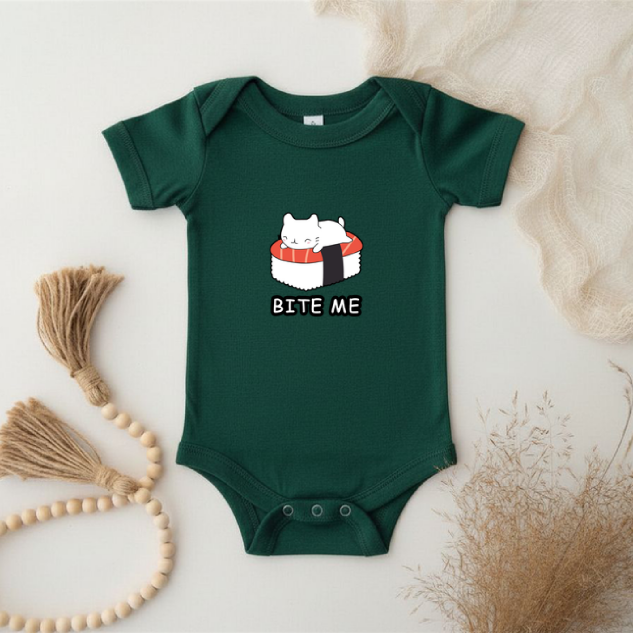 Bite Me White Kitten on Sushi Bed Onesie