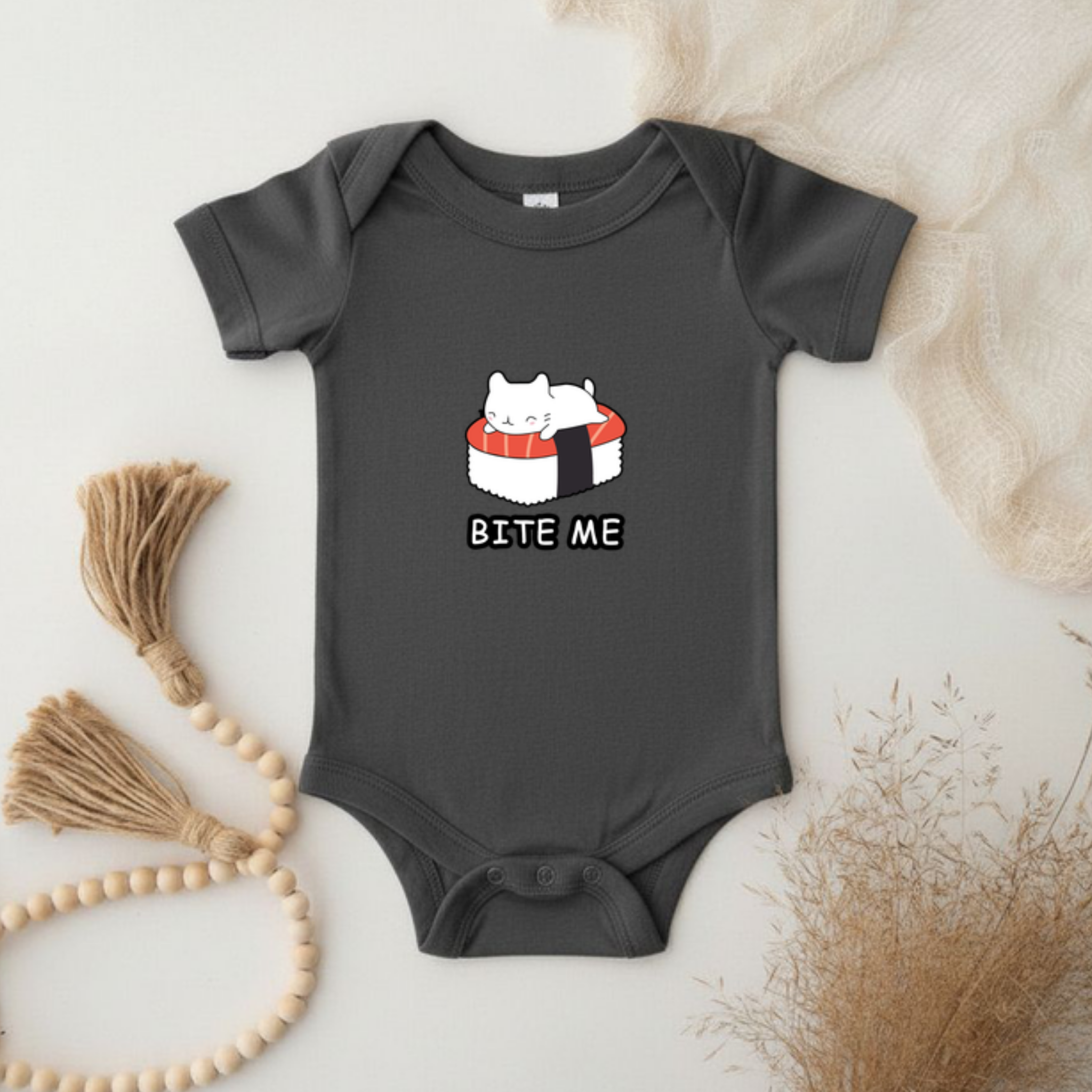 Bite Me White Kitten on Sushi Bed Onesie