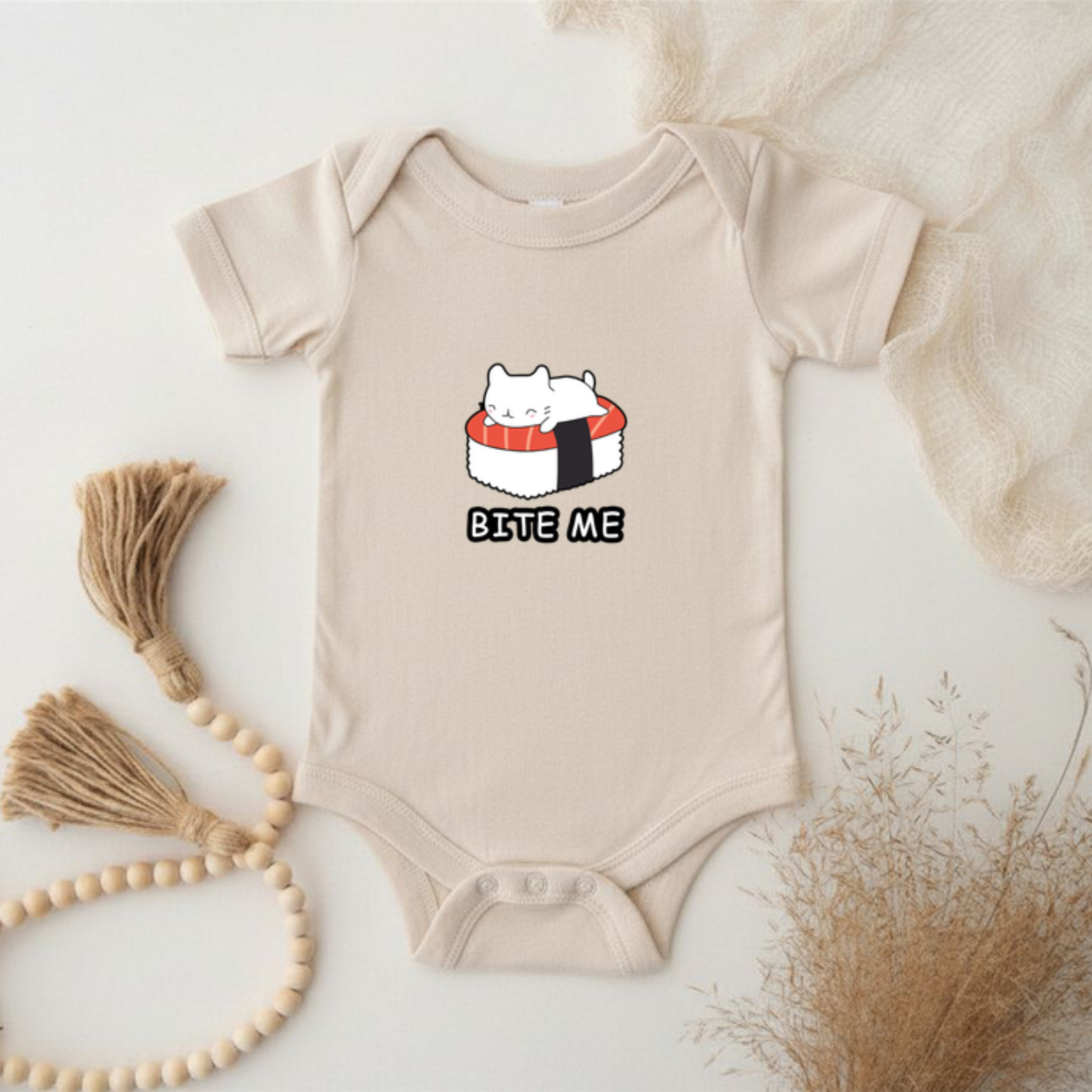 Bite Me White Kitten on Sushi Bed Onesie