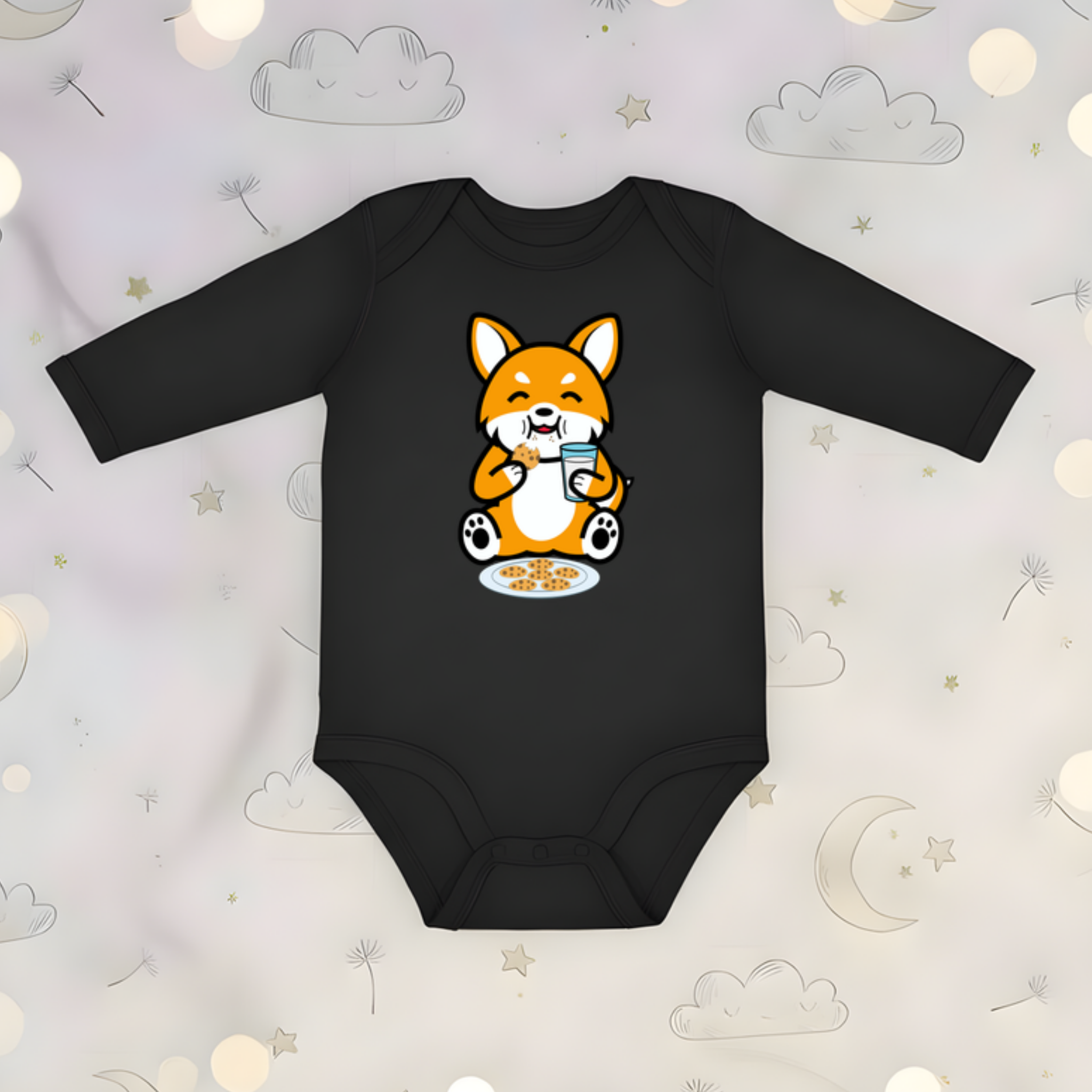 Dog Eating Cookies with Milk Long Sleeve Onesie