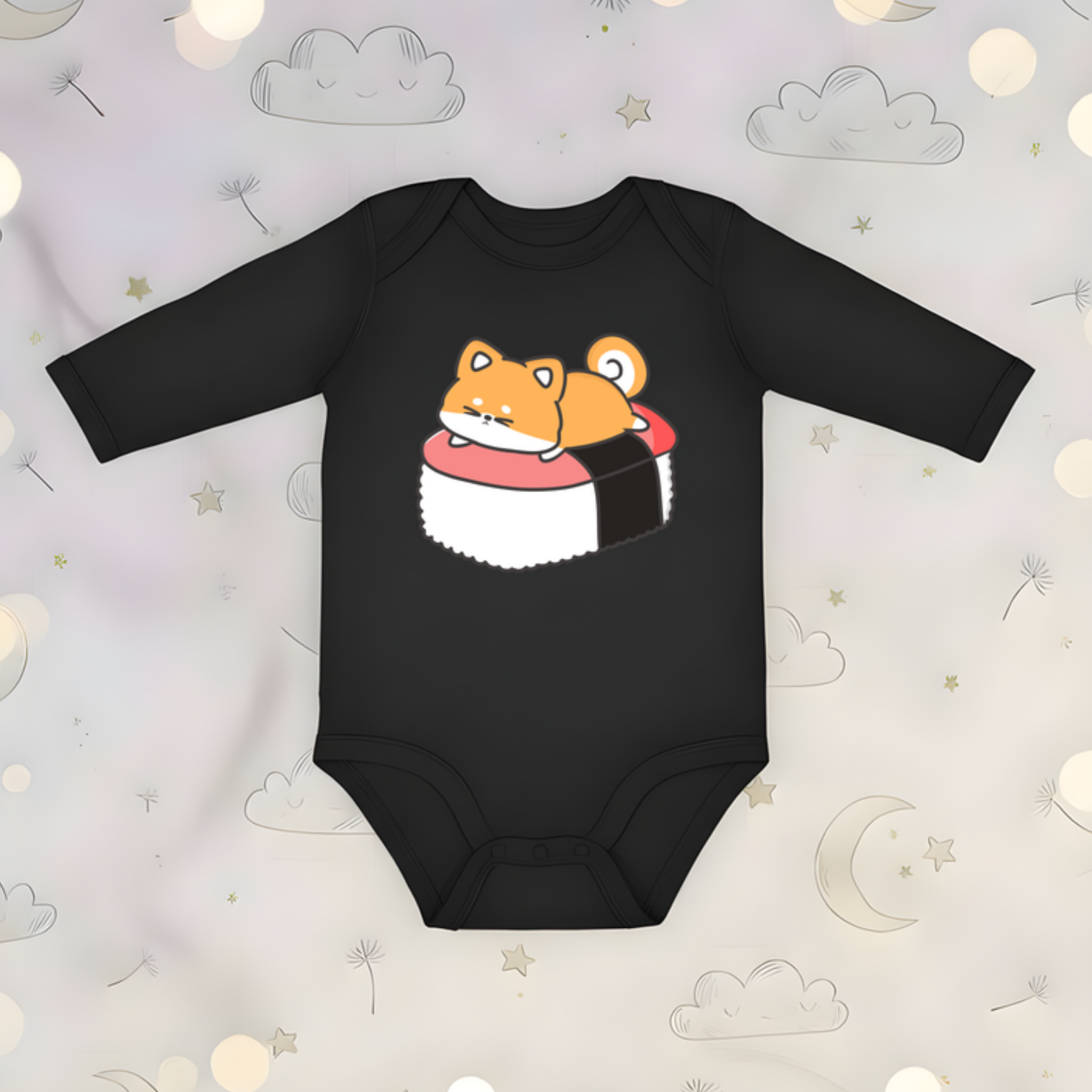Puppy on Sushi Bed Long Sleeve Onesie
