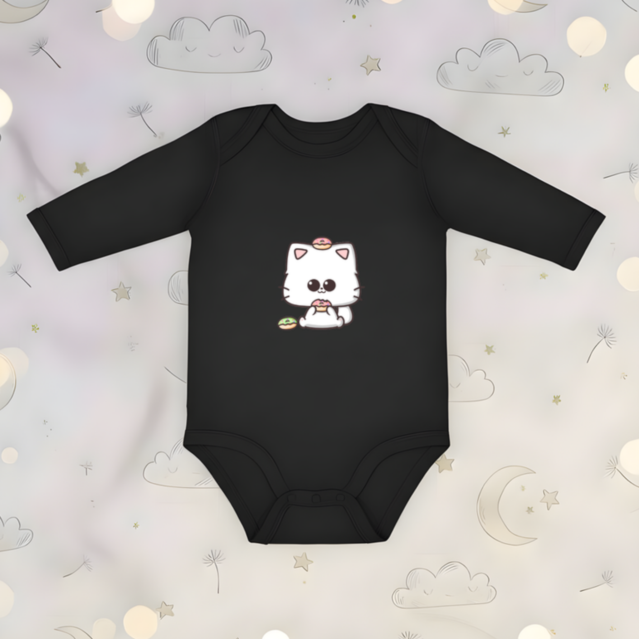 Kitten Eating Donuts Long Sleeve Onesie