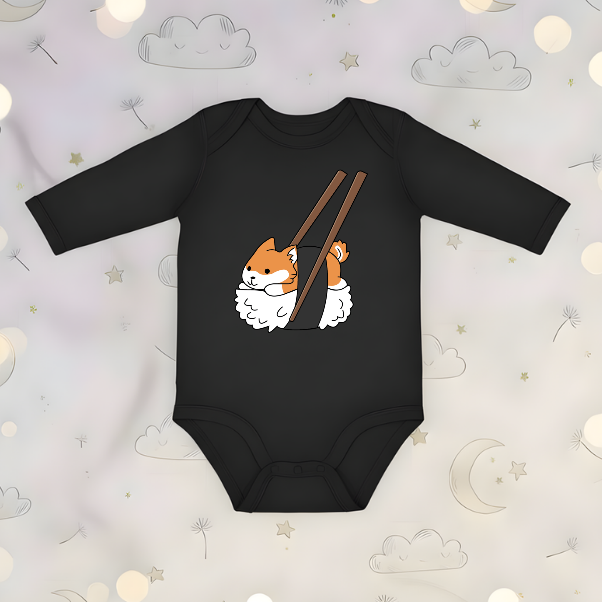 Shiba Inu Sushi with Chopsticks Long Sleeve Onesie