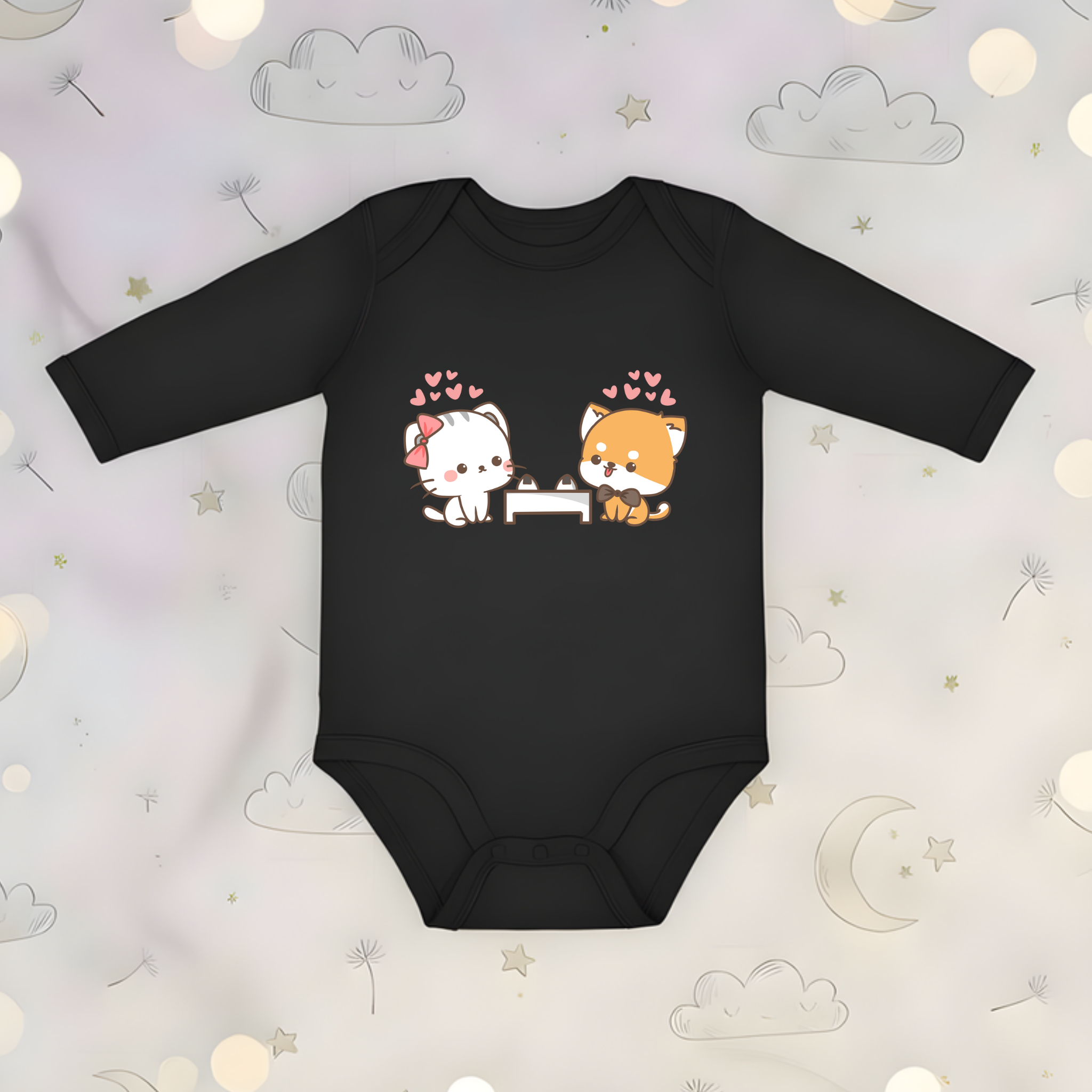 Cat and Dog Sushi Date Long Sleeve Onesie