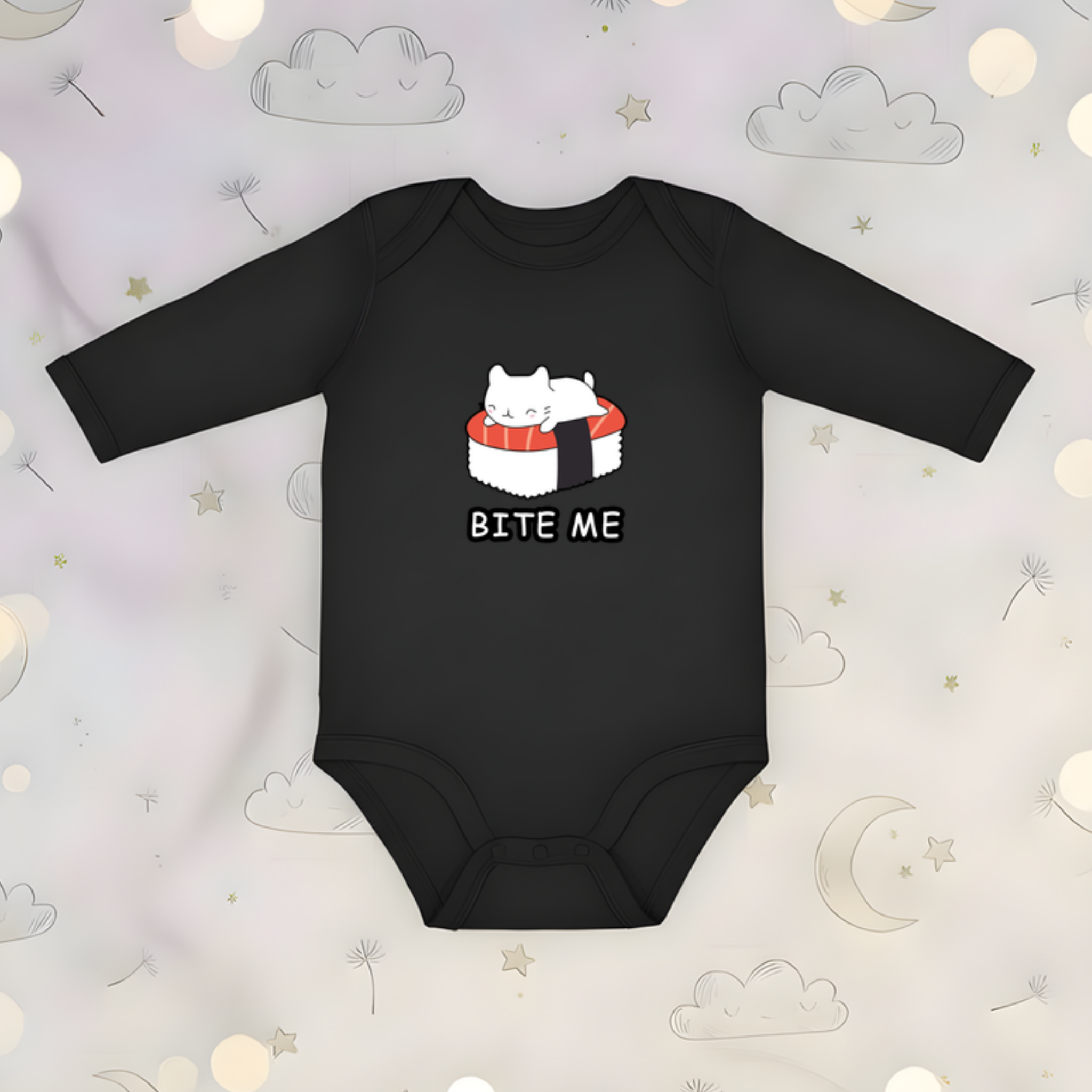 Bite Me White Kitten on Sushi Bed Long Sleeve Onesie