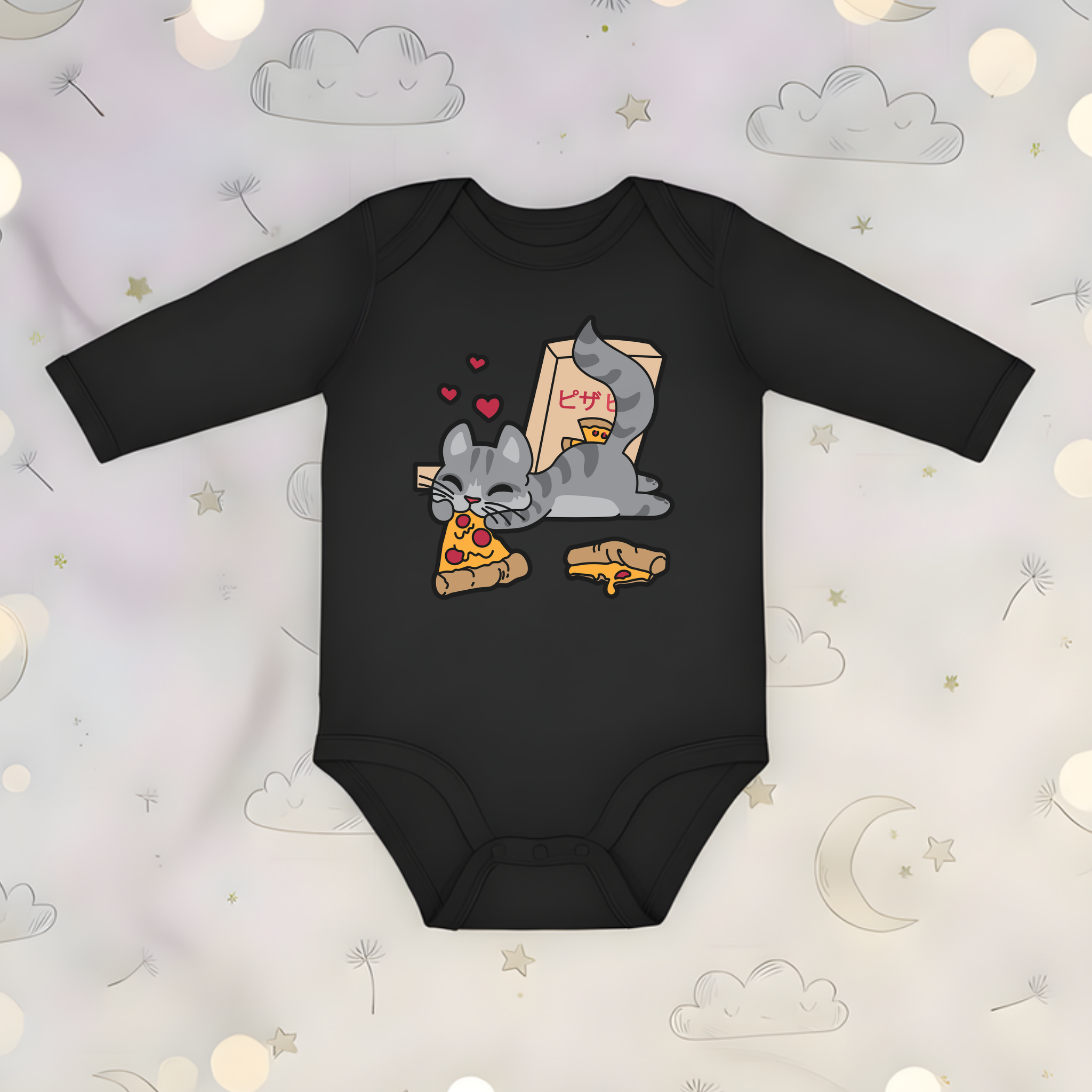 Cat Eating Pizza Long Sleeve Onesie