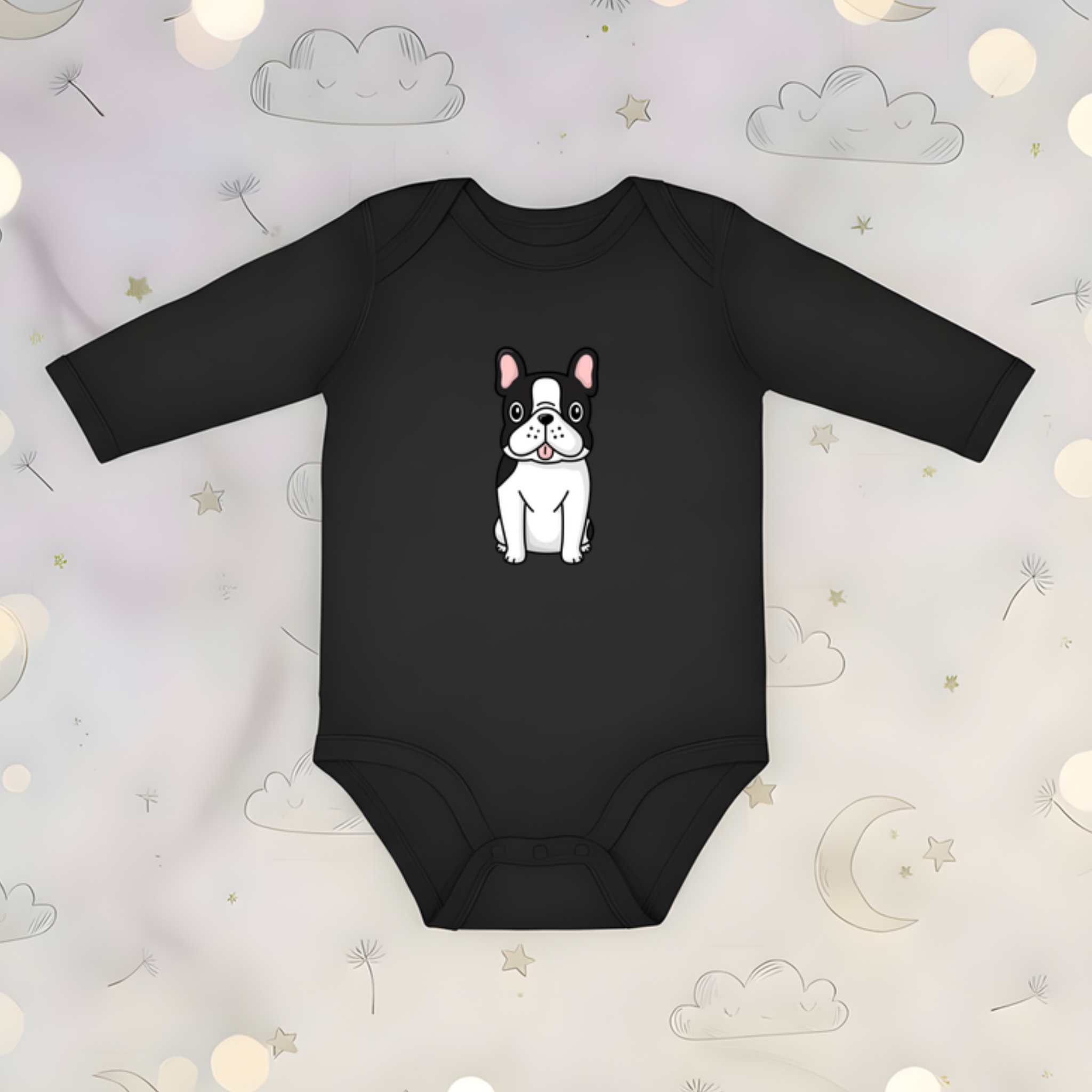 Black and White French Bulldog Long Sleeve Onesie