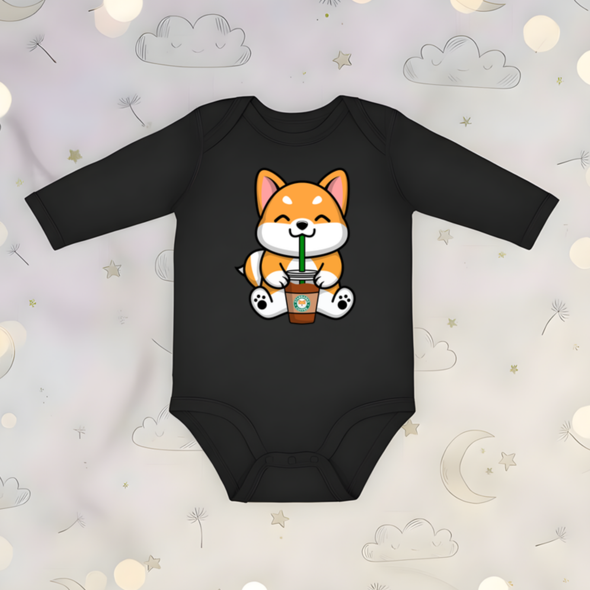 Puppy Drinking Coffee Long Sleeve Onesie