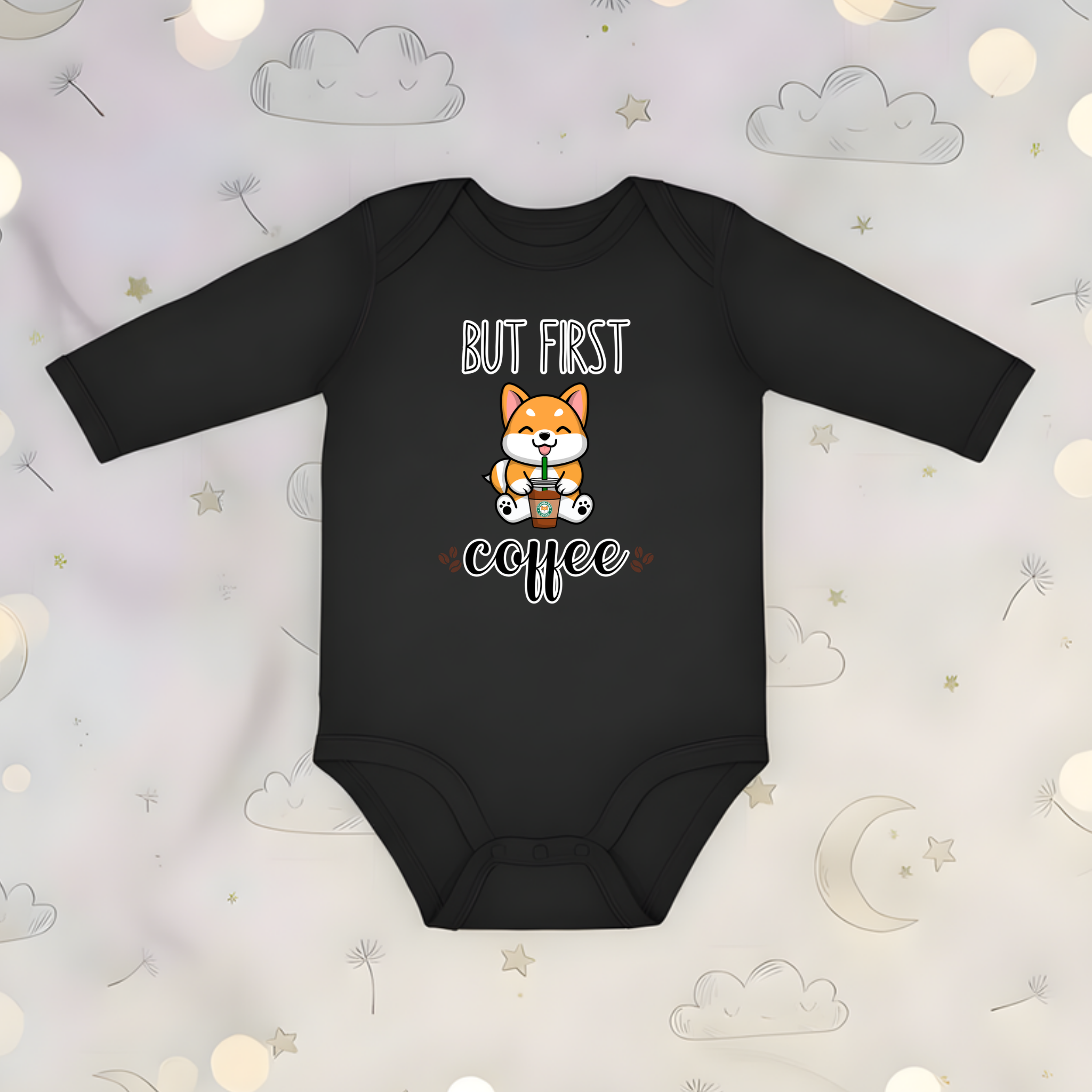 But First Coffee Puppy with Coffee (Tongue) Long Sleeve Onesie