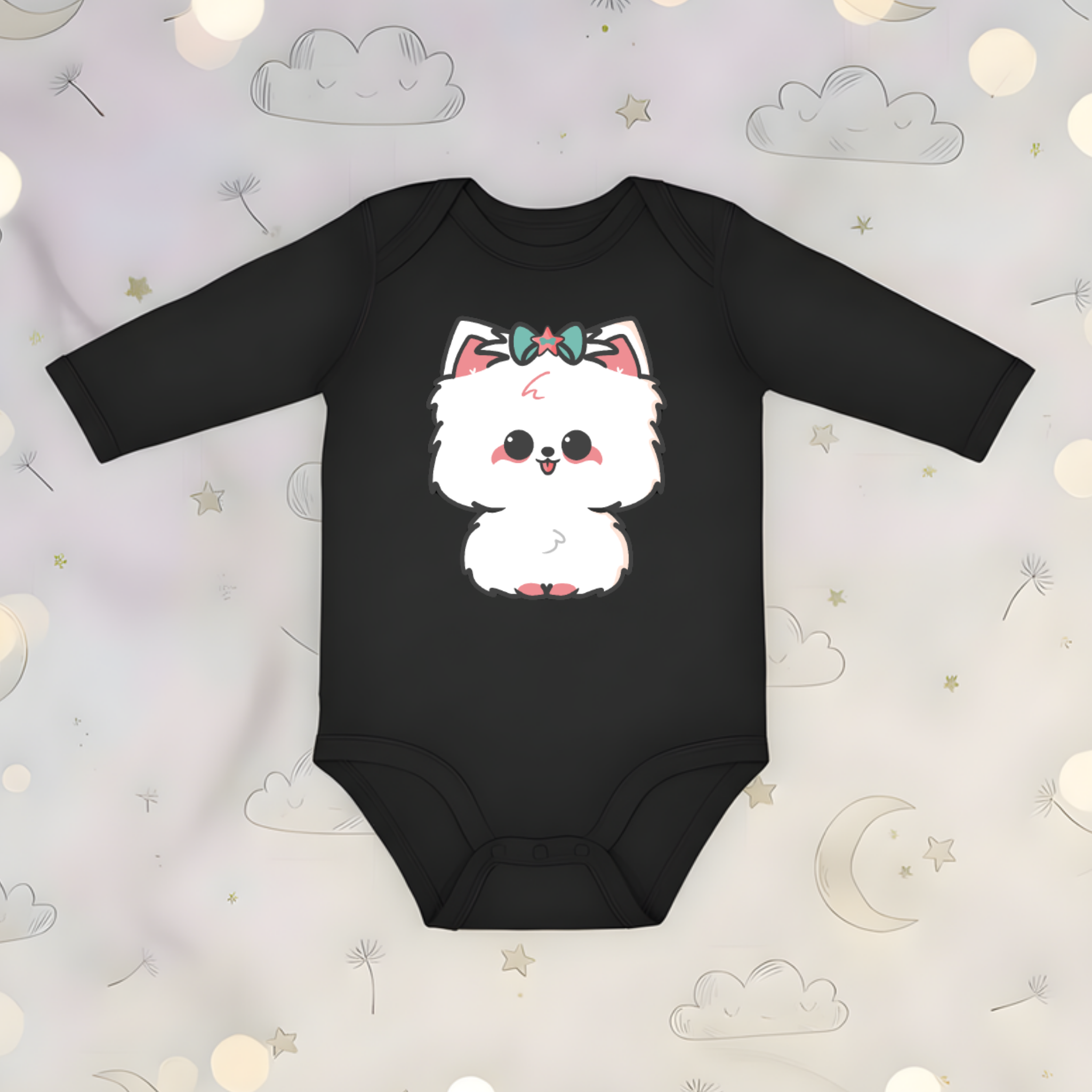 White Puppy with Bow Long Sleeve Onesie