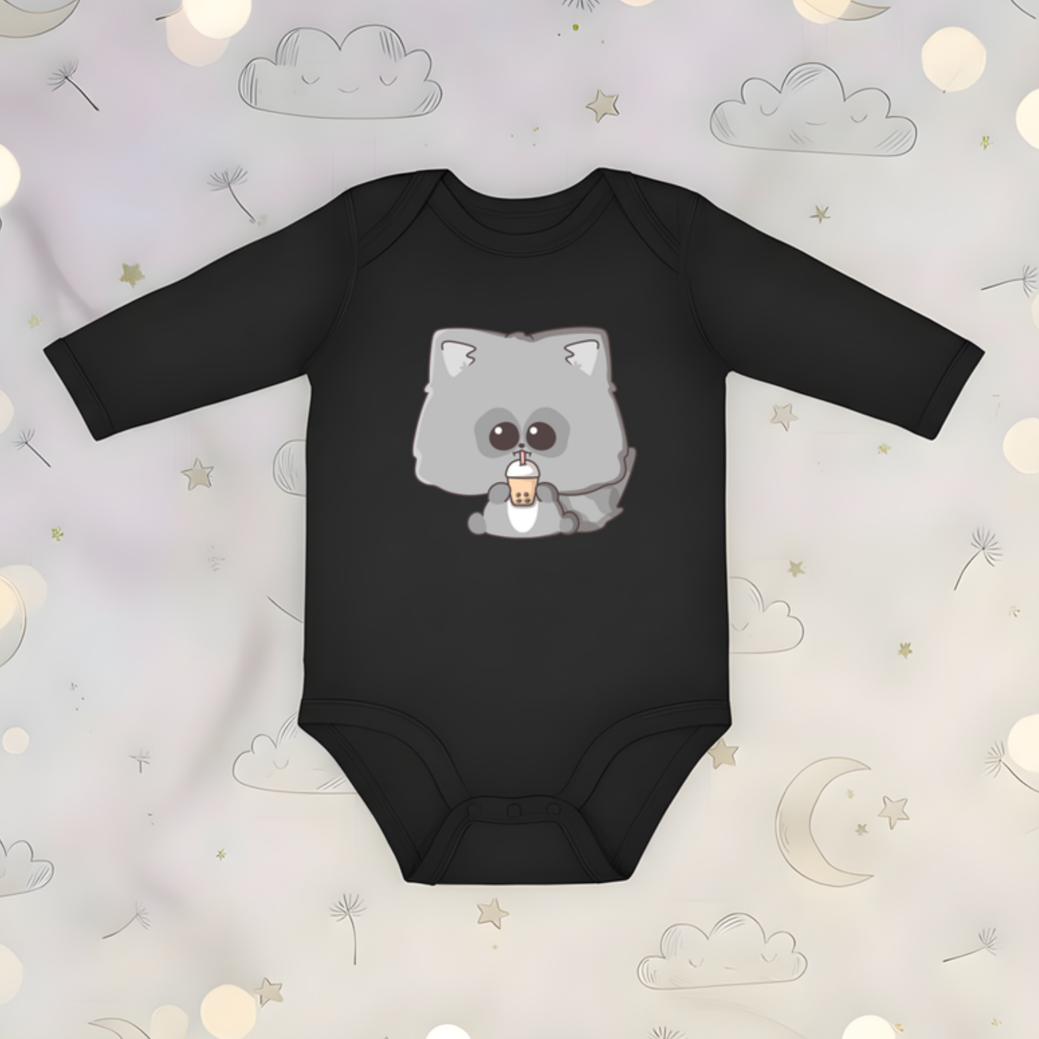 Raccoon Drinking Boba Tea Long Sleeve Onesie
