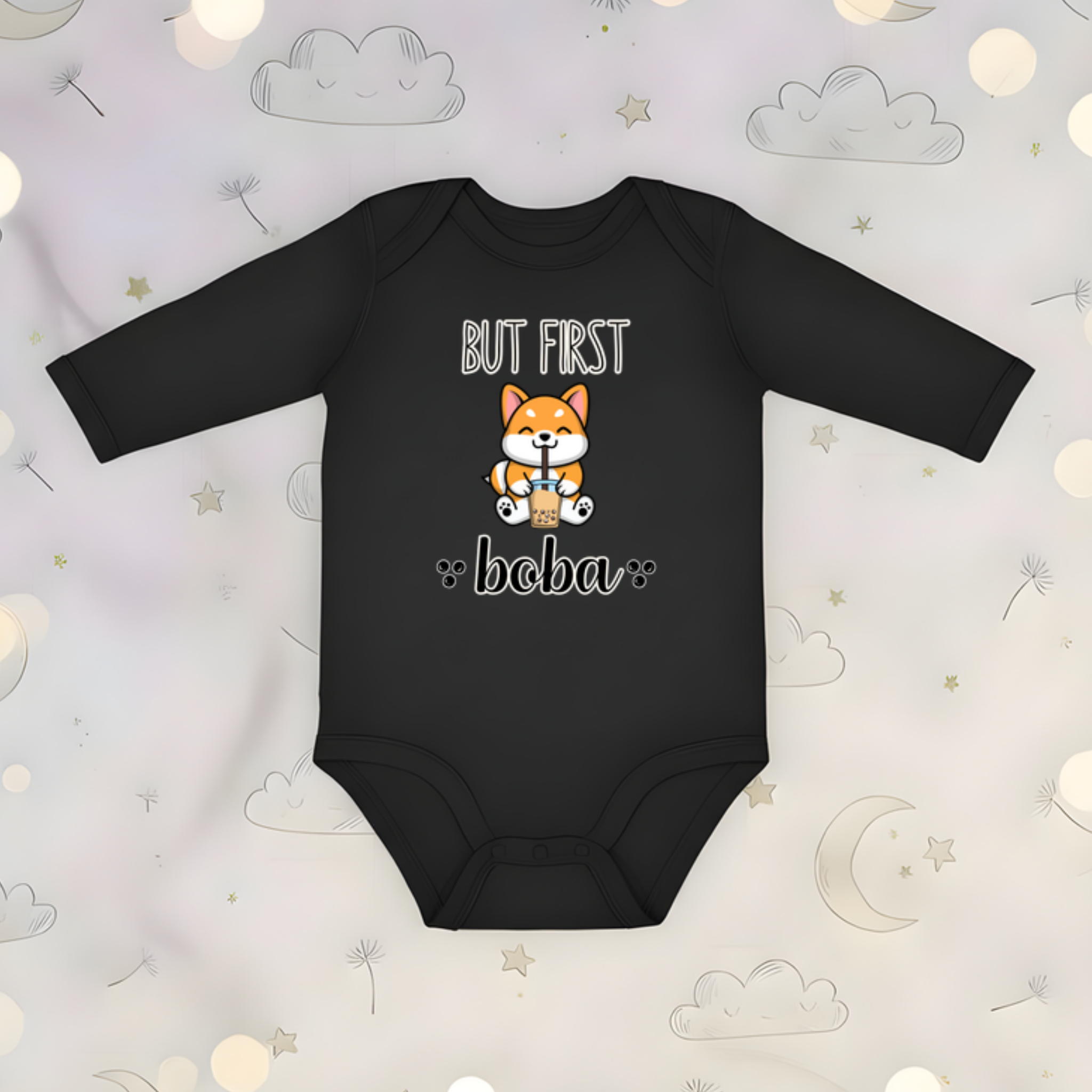 But First Boba Puppy Drinking Boba  Long Sleeve Onesie