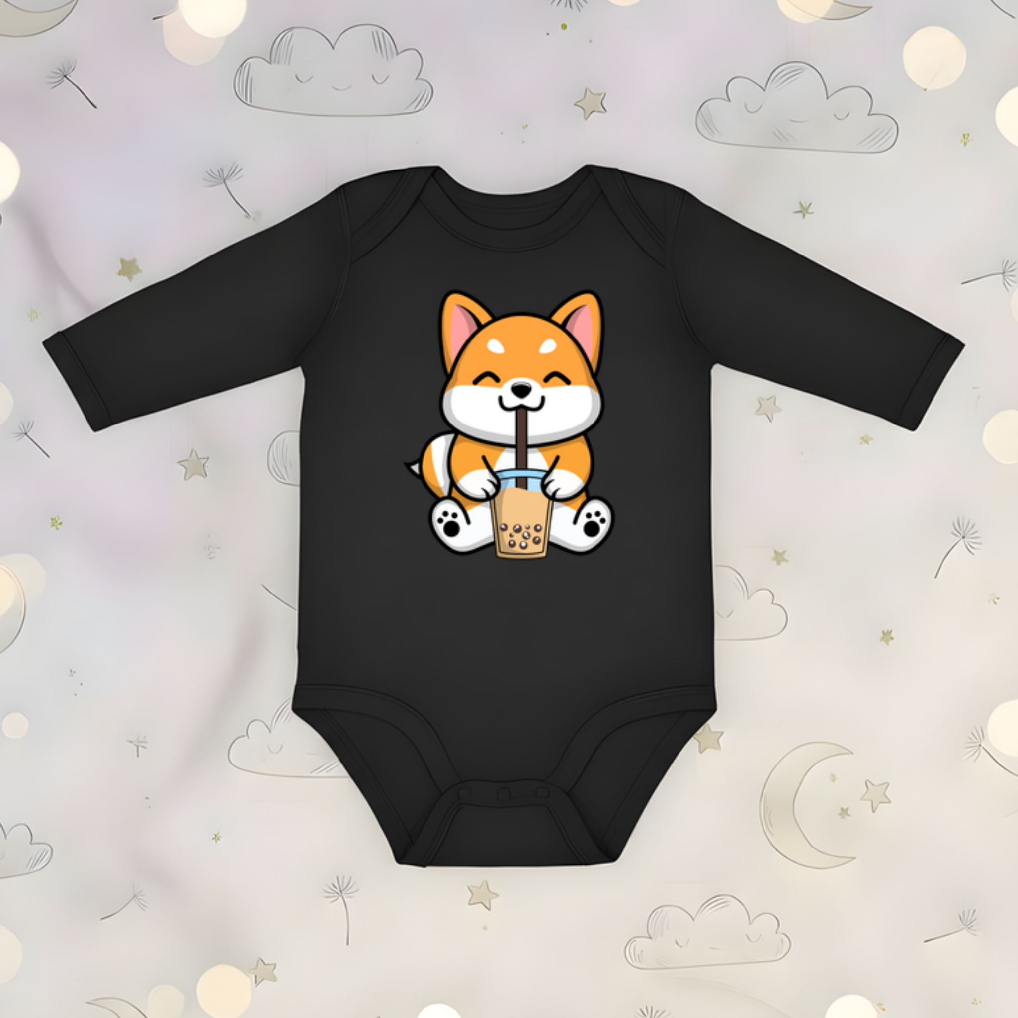 Puppy Drinking Boba Tea Long Sleeve Onesie