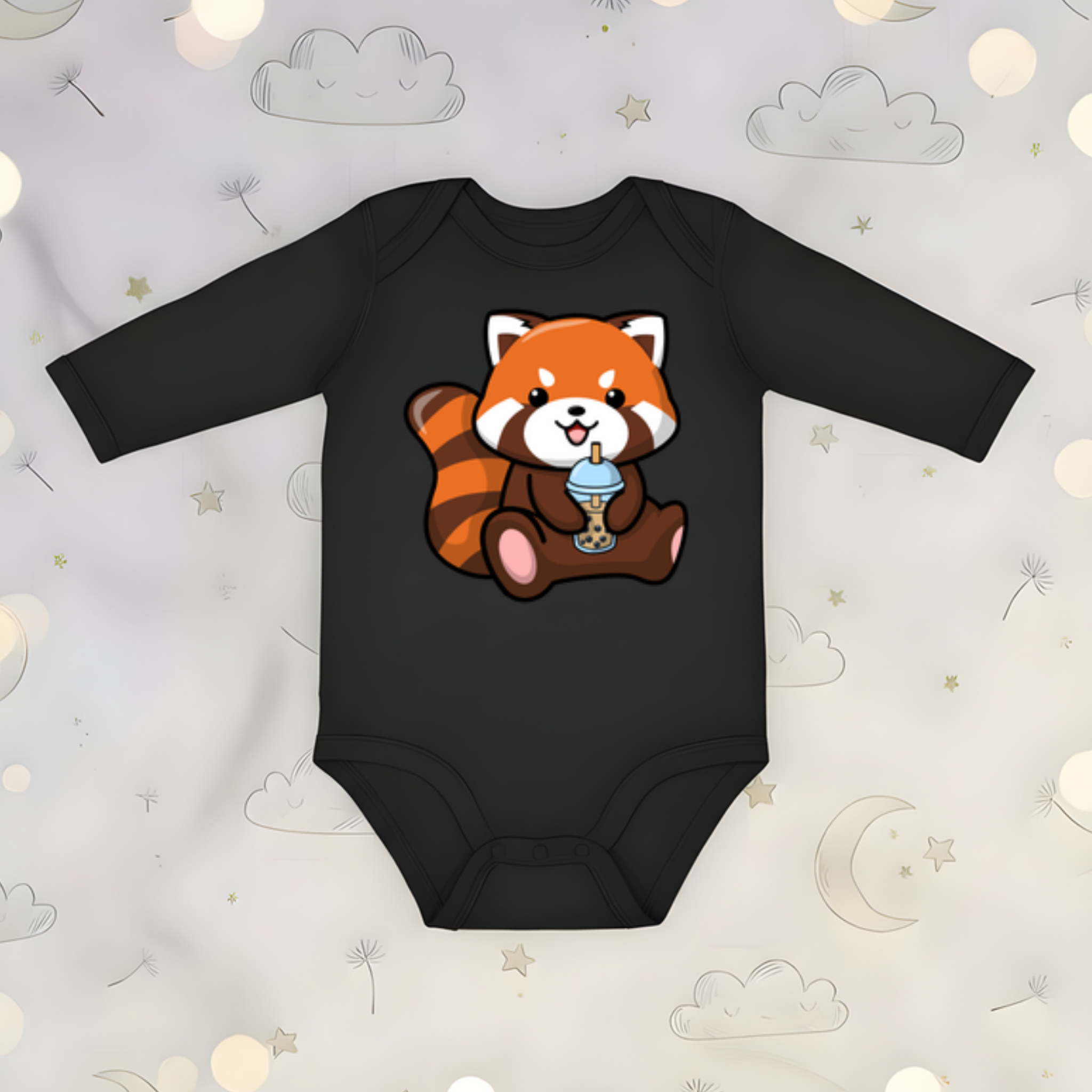 Red Panda Drinking Boba Tea Long Sleeve Onesie