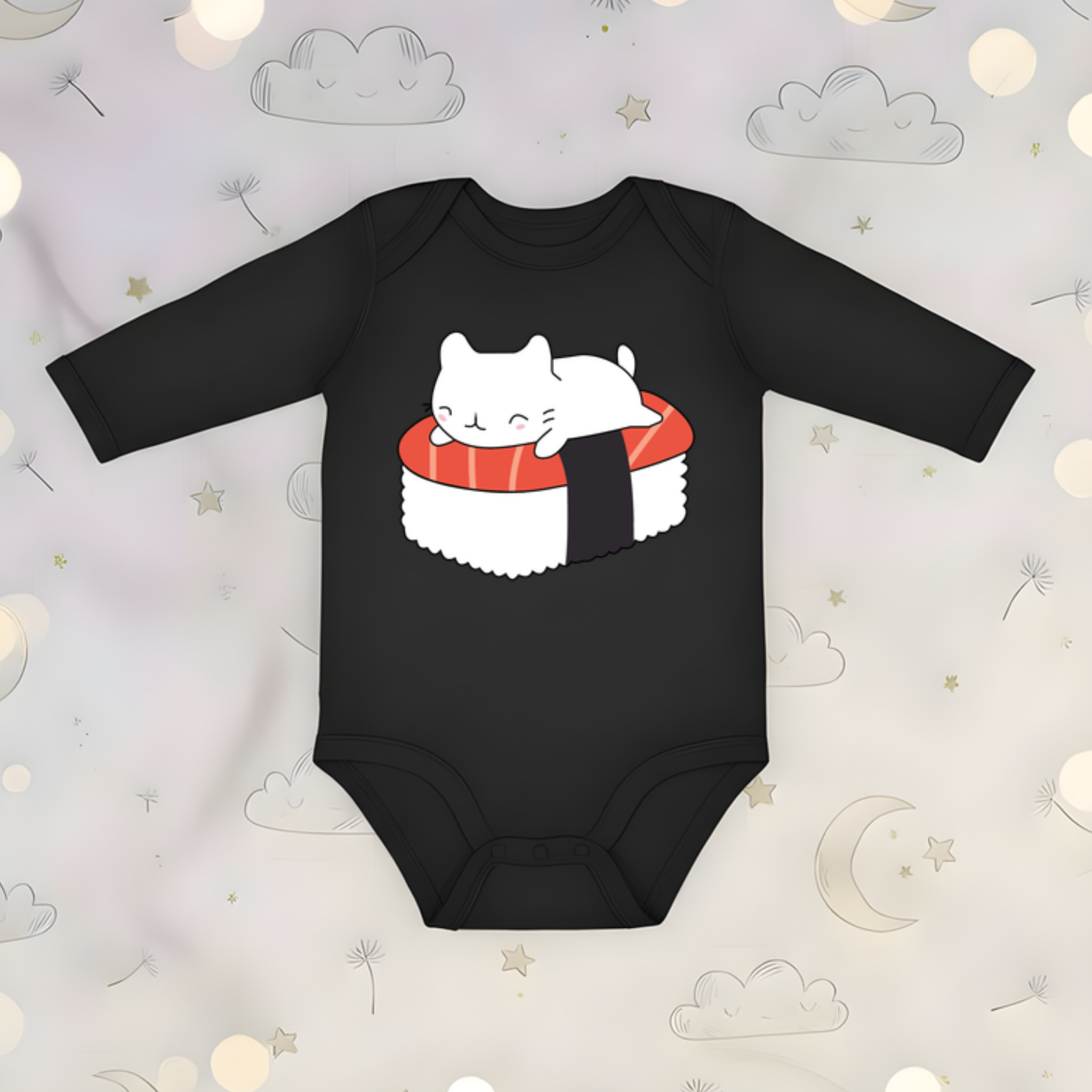White Kitten on Sushi Bed Long Sleeve Onesie