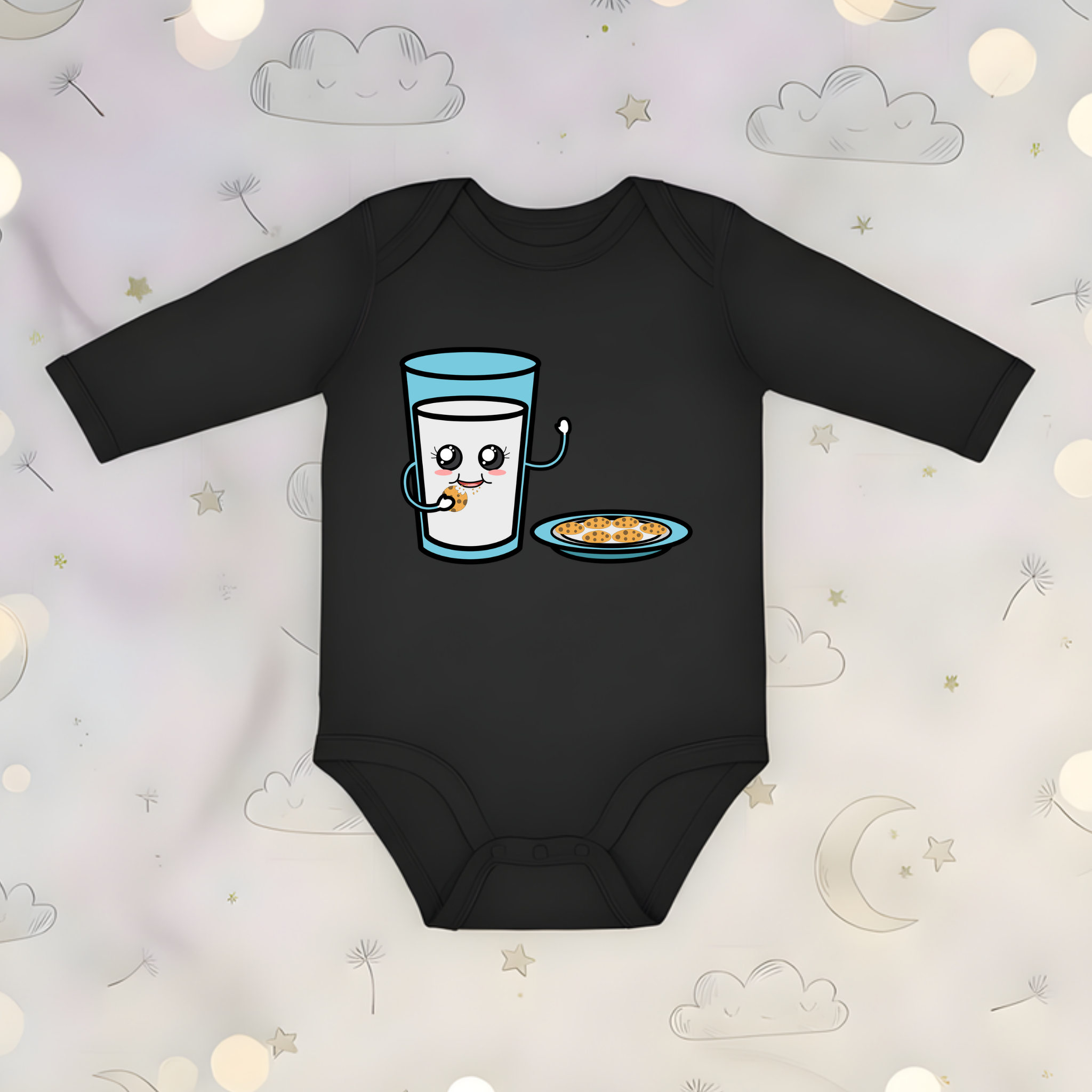 Glass of Milk Eating Cookies Long Sleeve Onesie