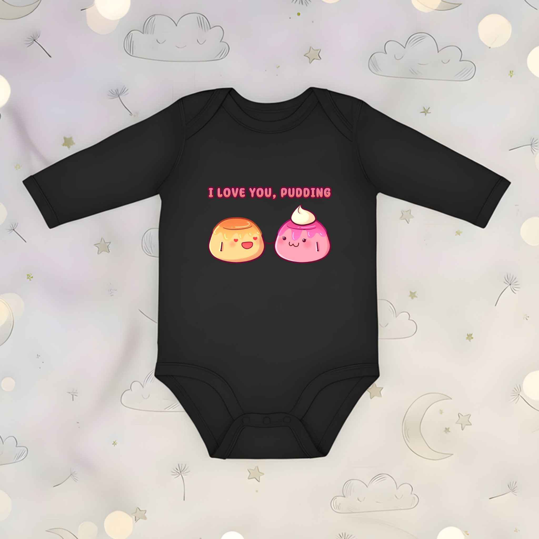 I Love You, Pudding Flan and Pudding Couple Long Sleeve Onesie