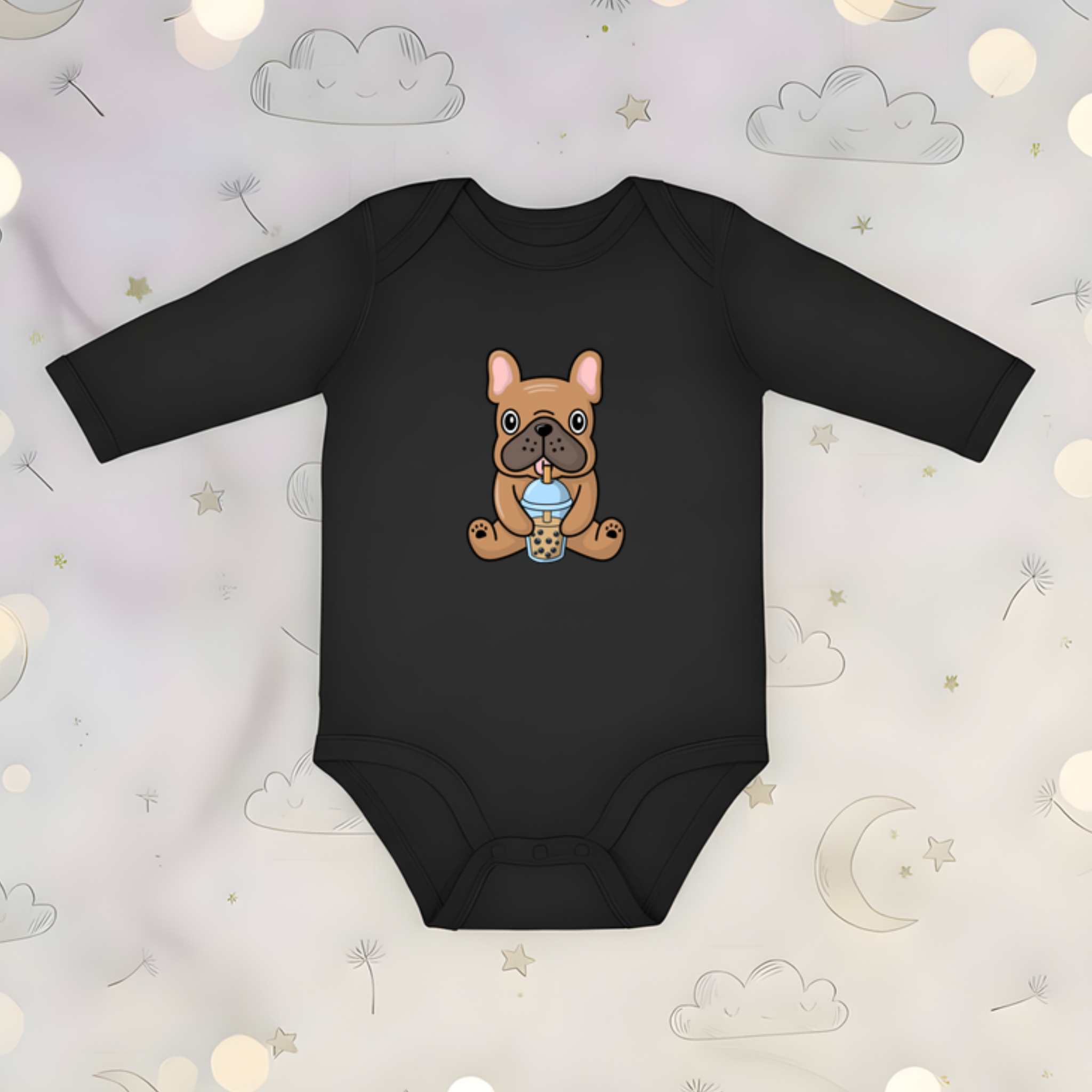French Bulldog Drinking Boba Long Sleeve Onesie
