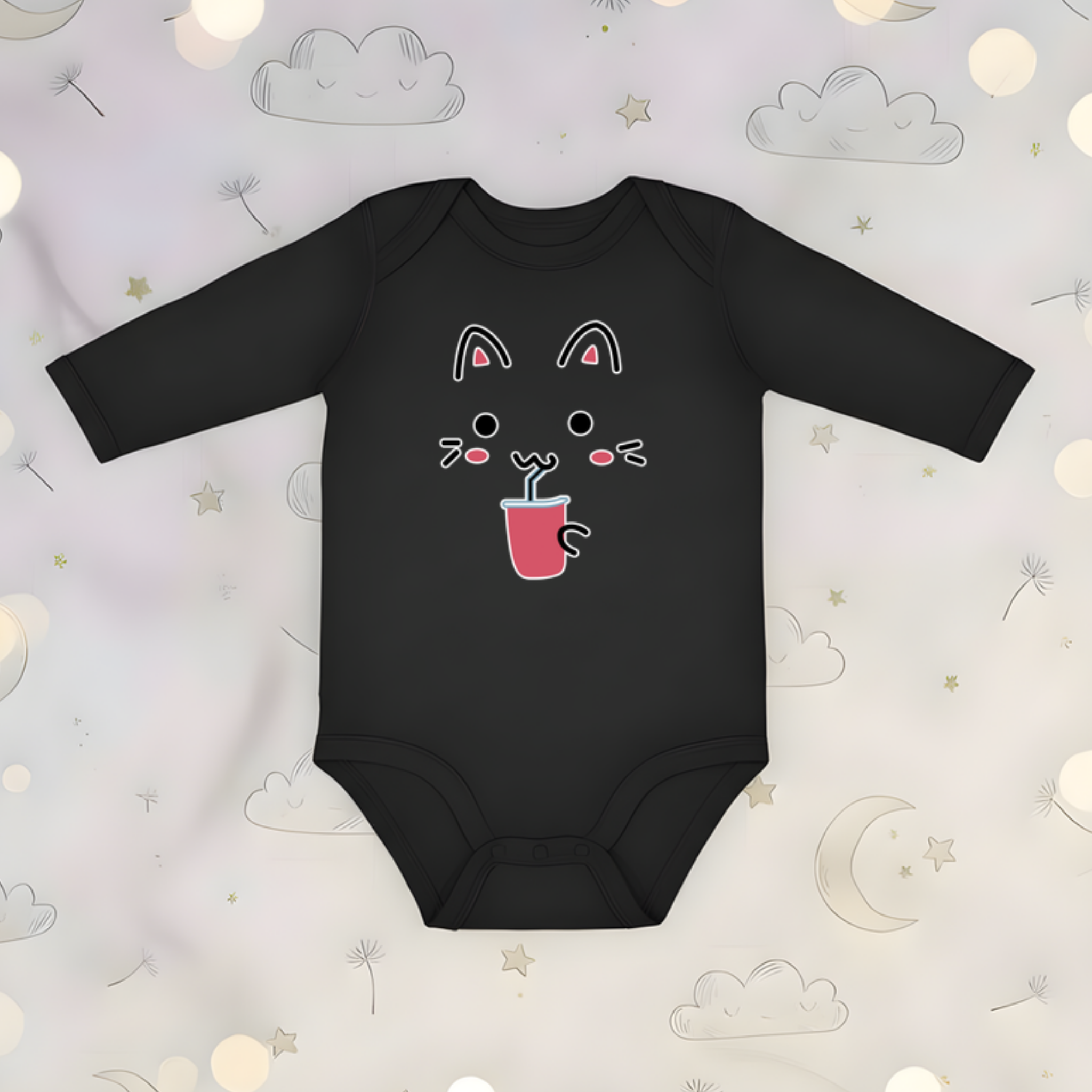 Kitten Drinking Boba Tea Long Sleeve Onesie