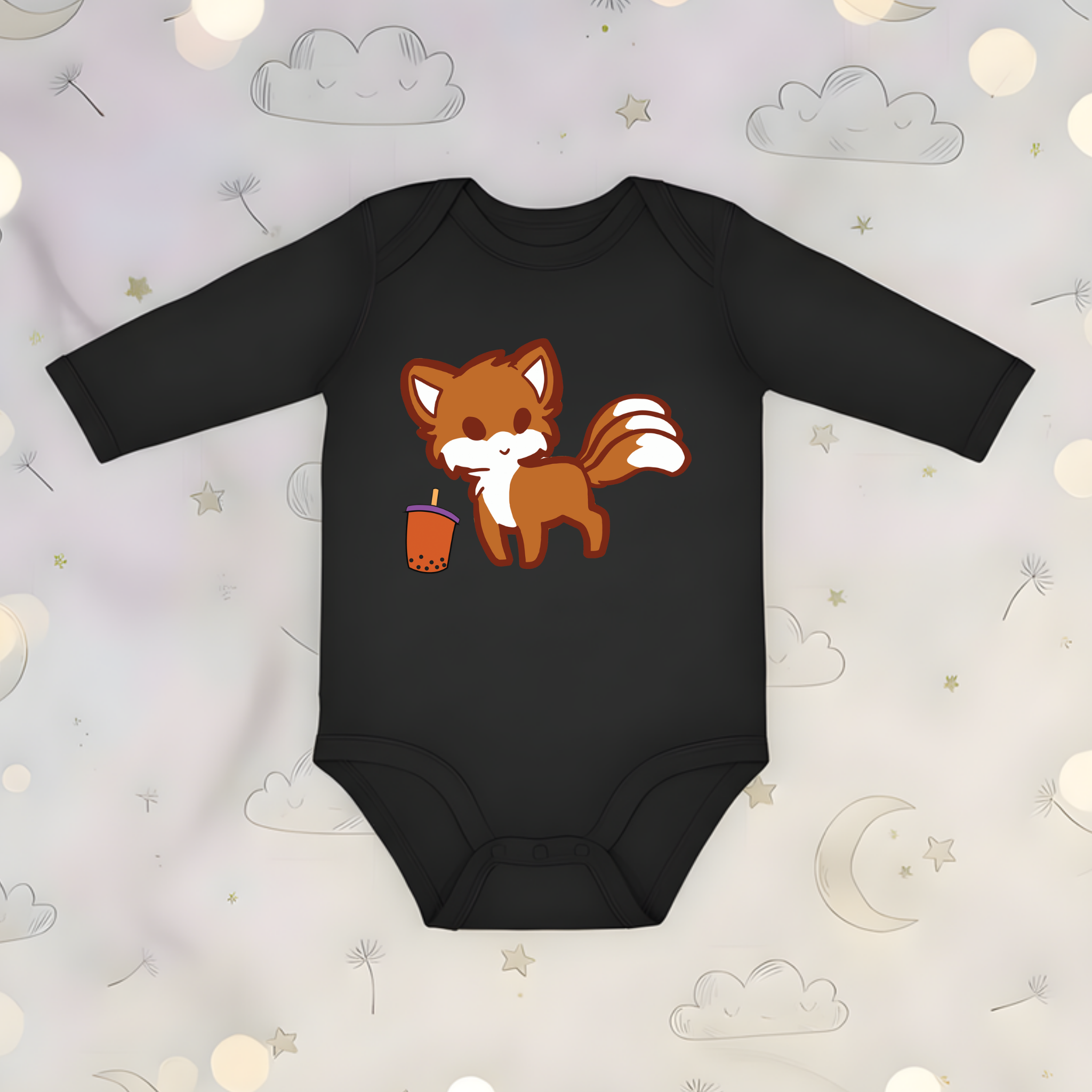 Fox Drinking Boba Tea Long Sleeve Onesie