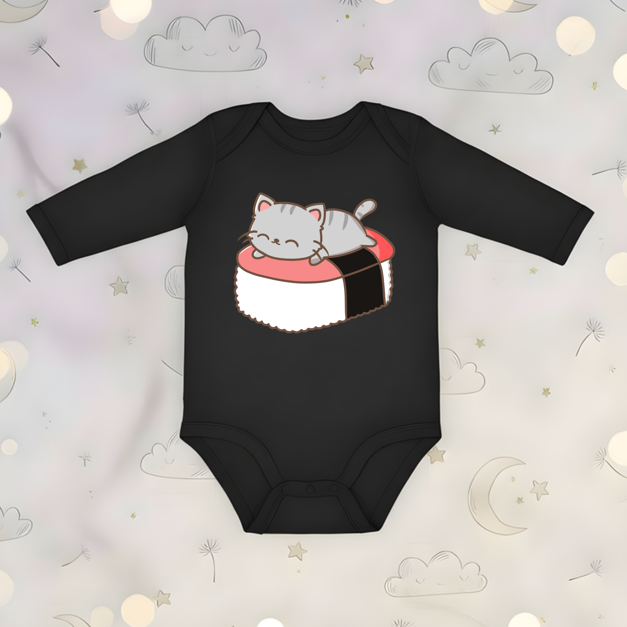 Grey Kitten on Sushi Bed Long Sleeve Onesie