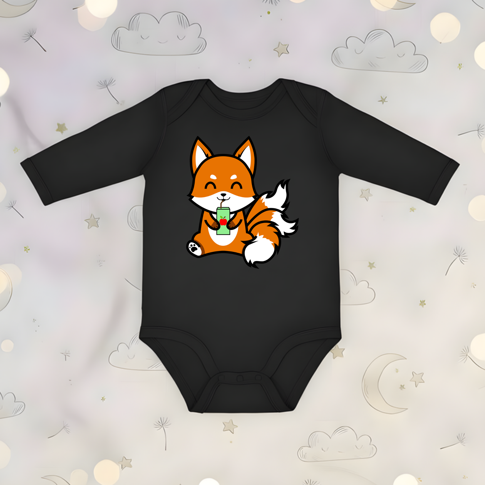 3-Tailed Fox Drinking Apple Juice Long Sleeve Onesie