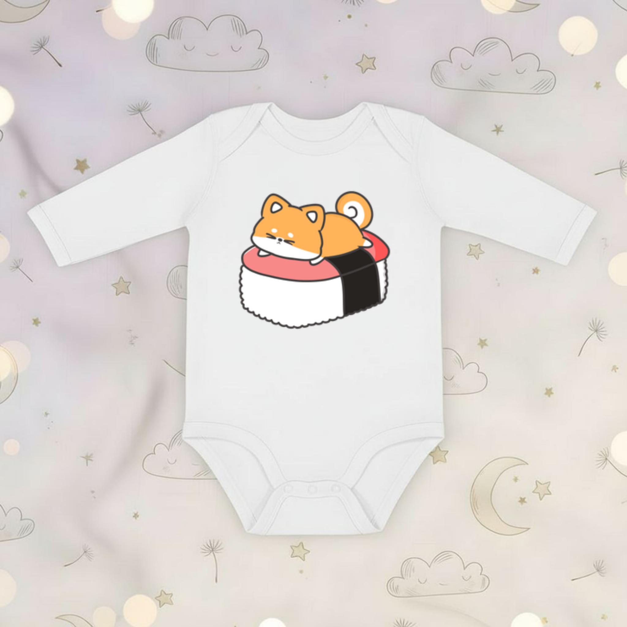 Puppy on Sushi Bed Long Sleeve Onesie